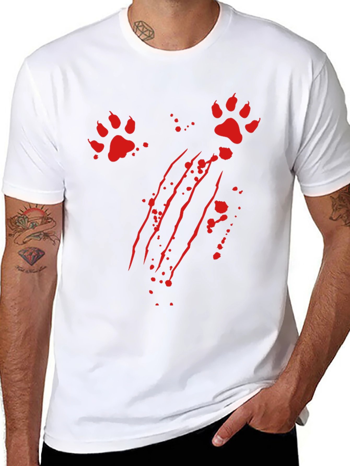 Mens Black T-Shirt with Claw Marks and Paw Prints
