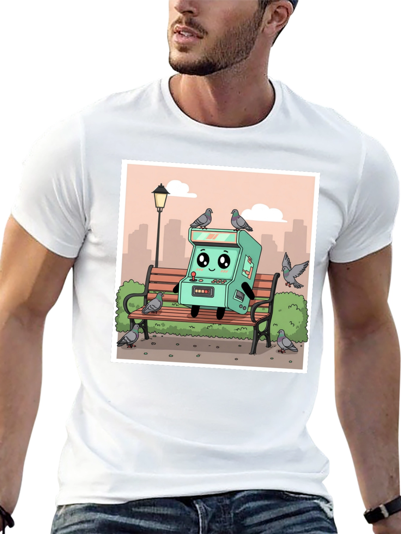 Cartoon Arcade Game on Park Bench T-Shirt