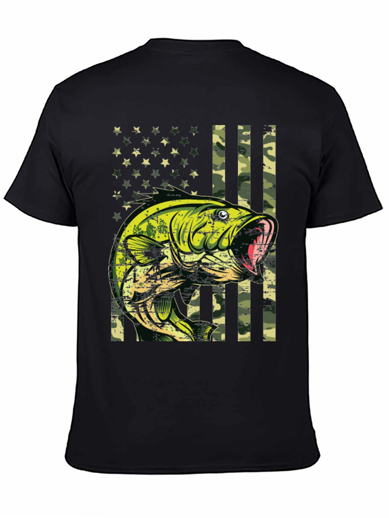 Bass Fish Camo American Flag Graphic T-Shirt