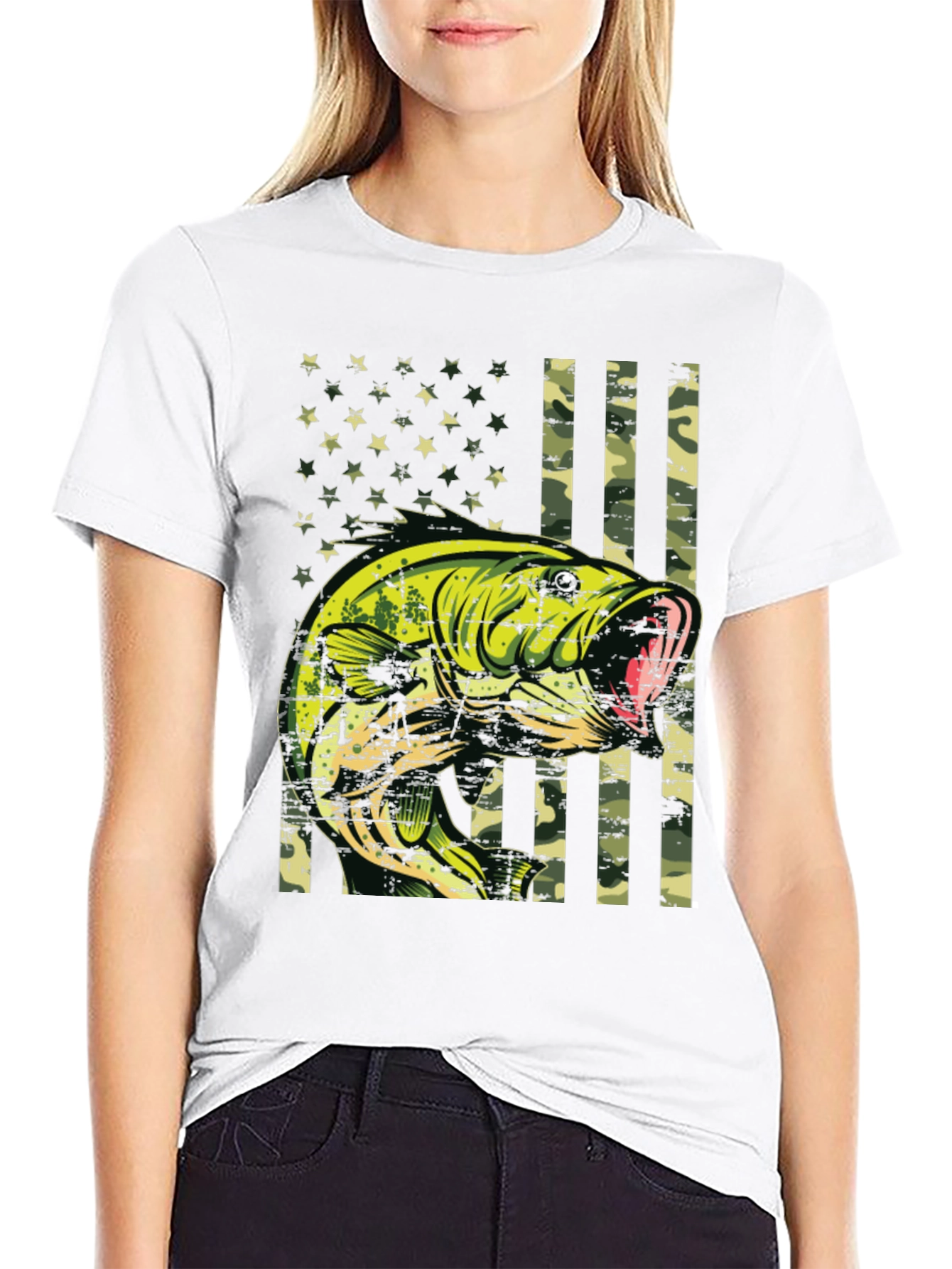 Bass Fish Camo American Flag Graphic T-Shirt