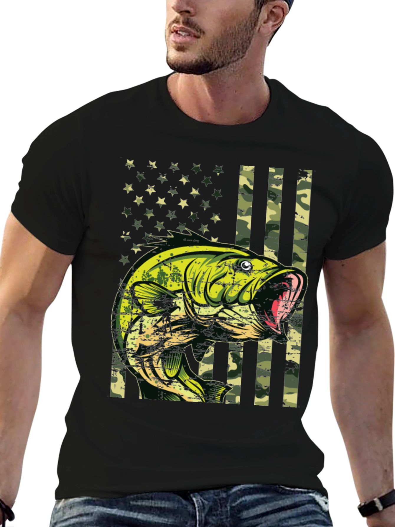 Bass Fish Camo American Flag Graphic T-Shirt