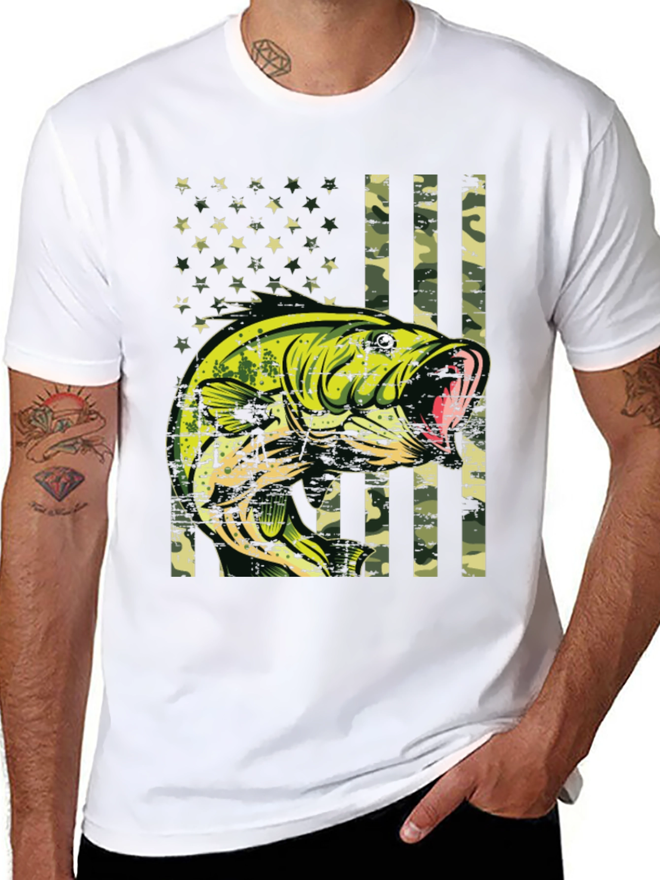 Bass Fish Camo American Flag Graphic T-Shirt