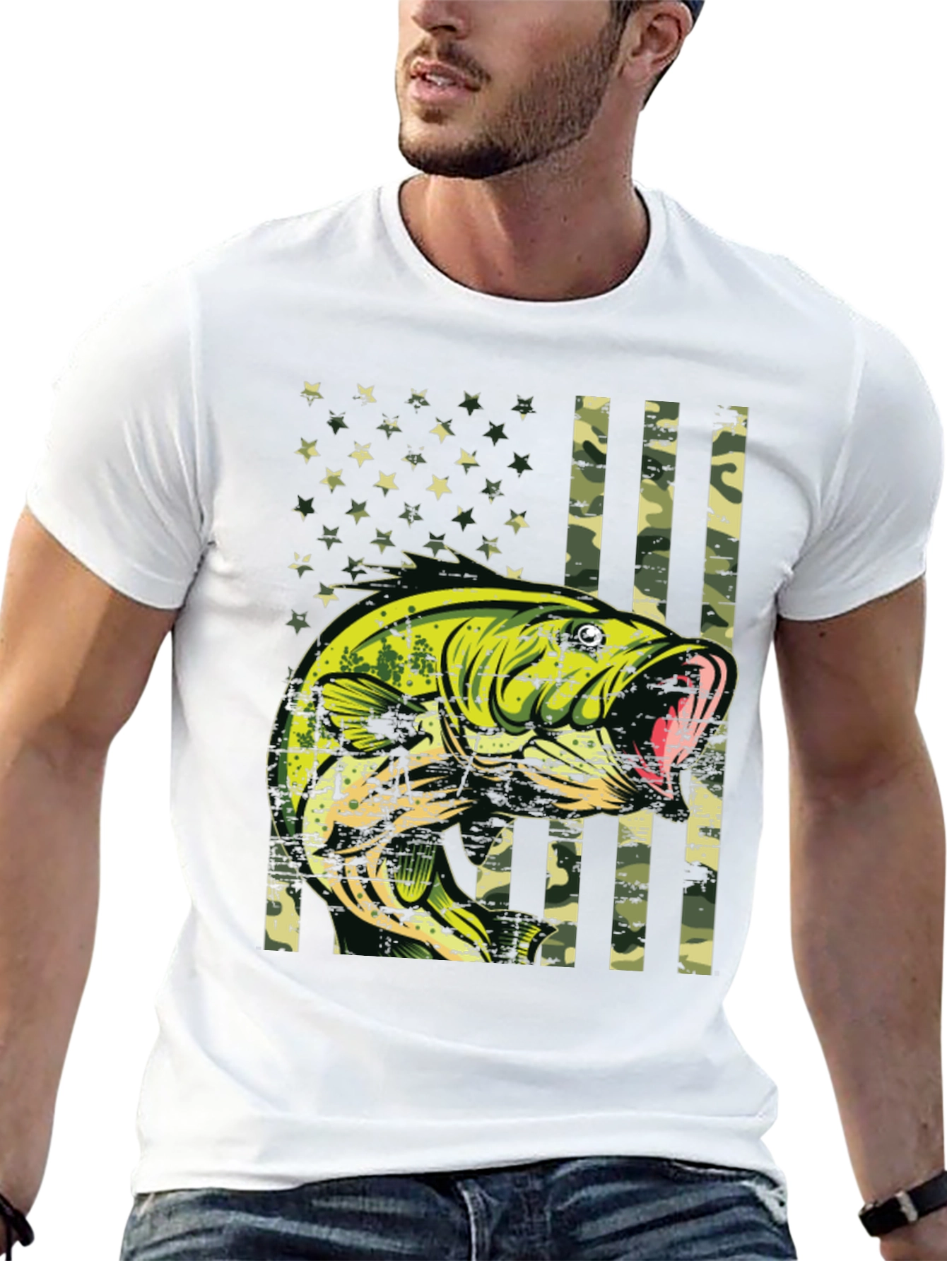 Bass Fish Camo American Flag Graphic T-Shirt