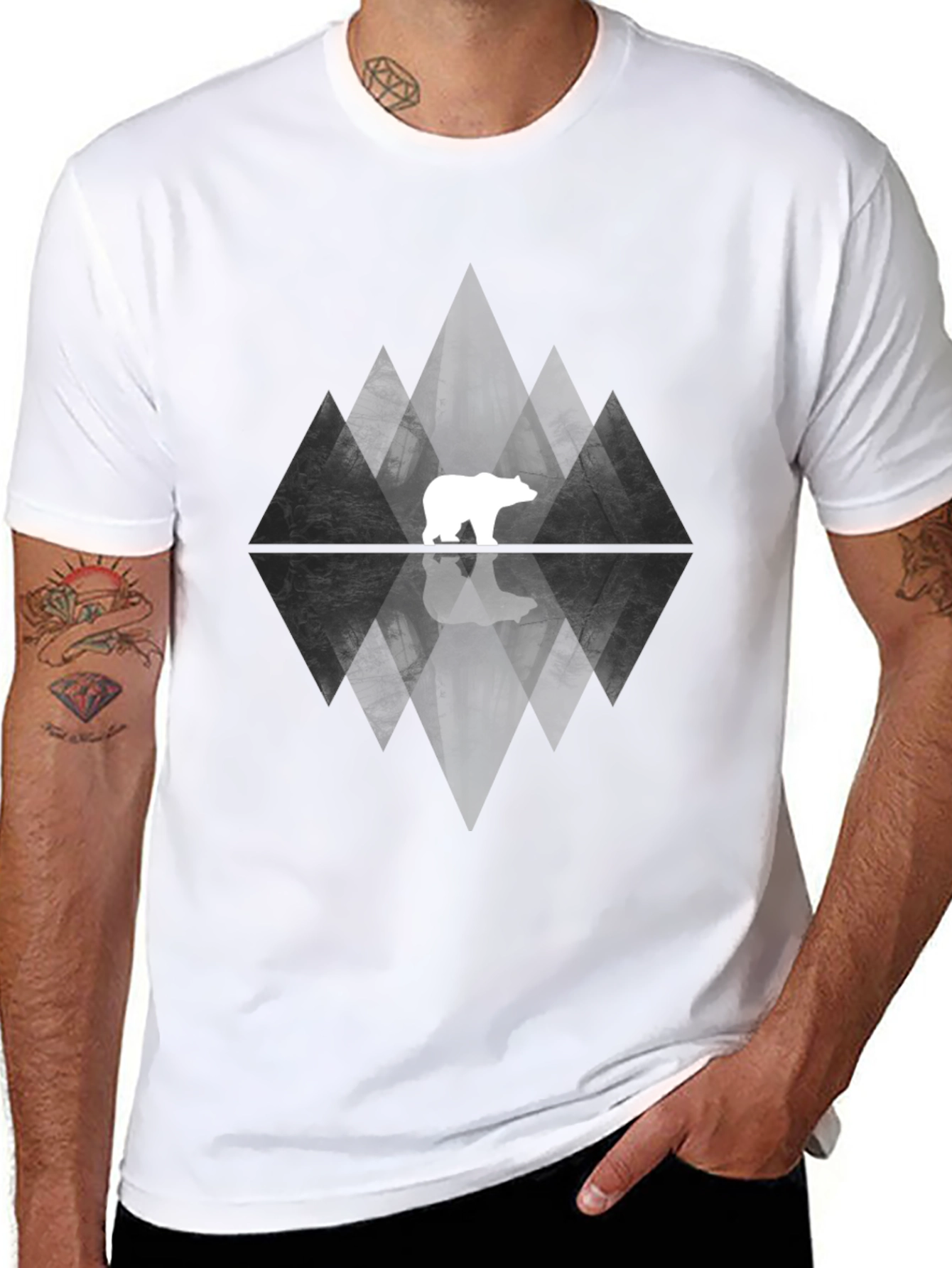 Geometric Bear Graphic Tee - Black