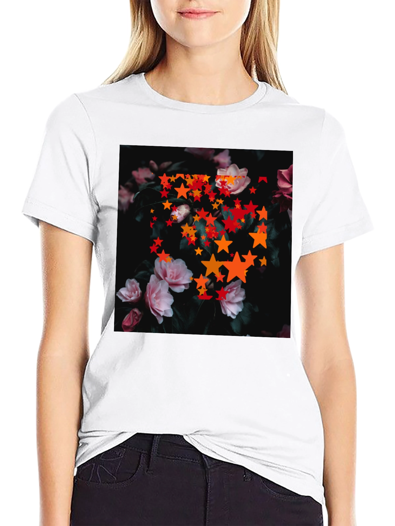 Floral Star T-Shirt - Black Cotton Graphic Tee
