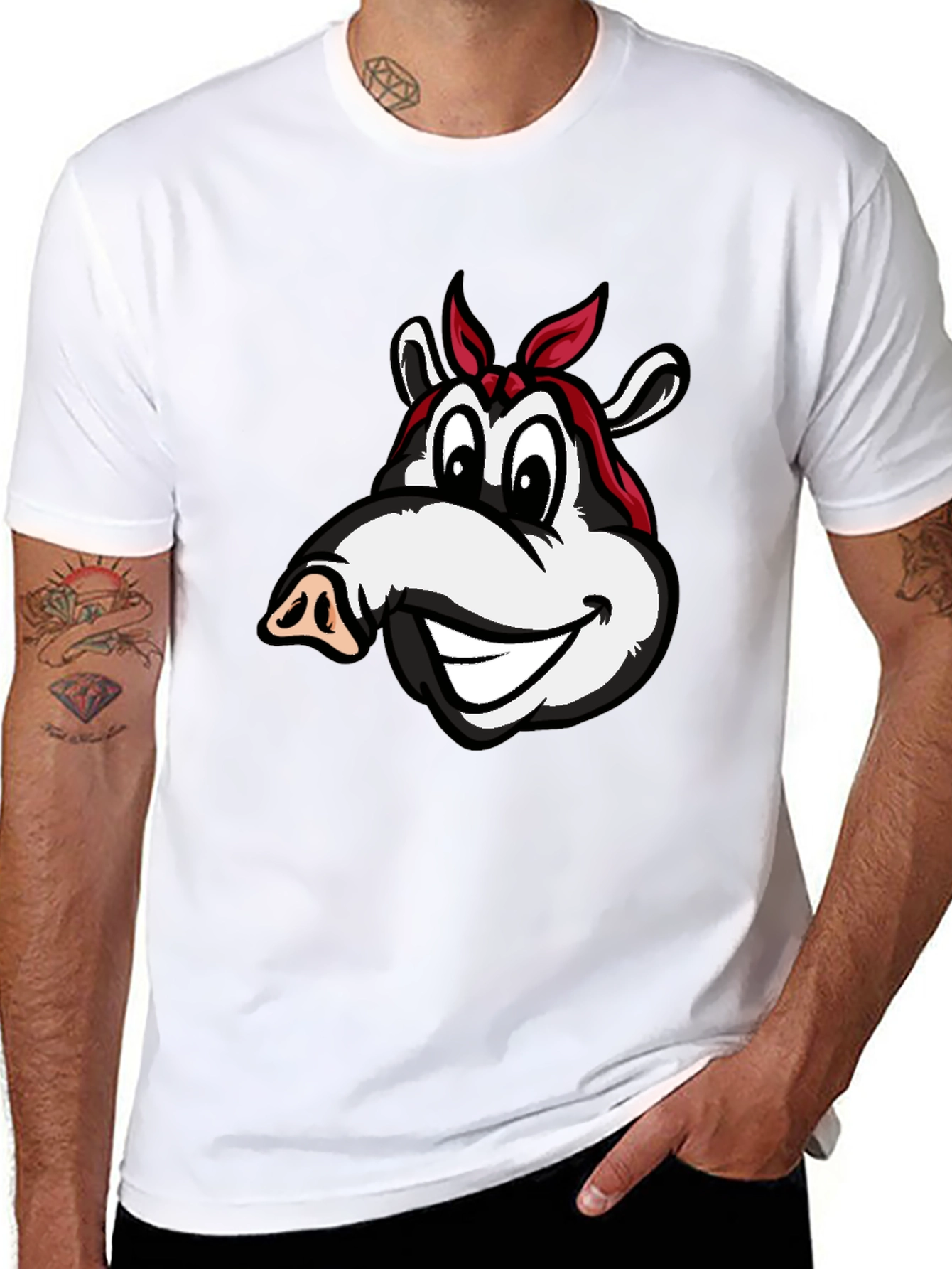 Cartoon Pig Bandana Black T-Shirt