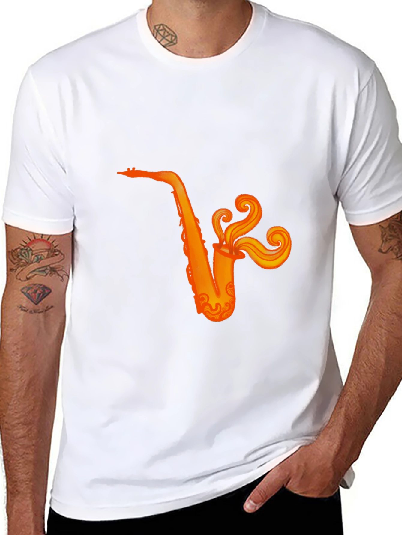 Black T-Shirt with Orange Saxophone Graphic