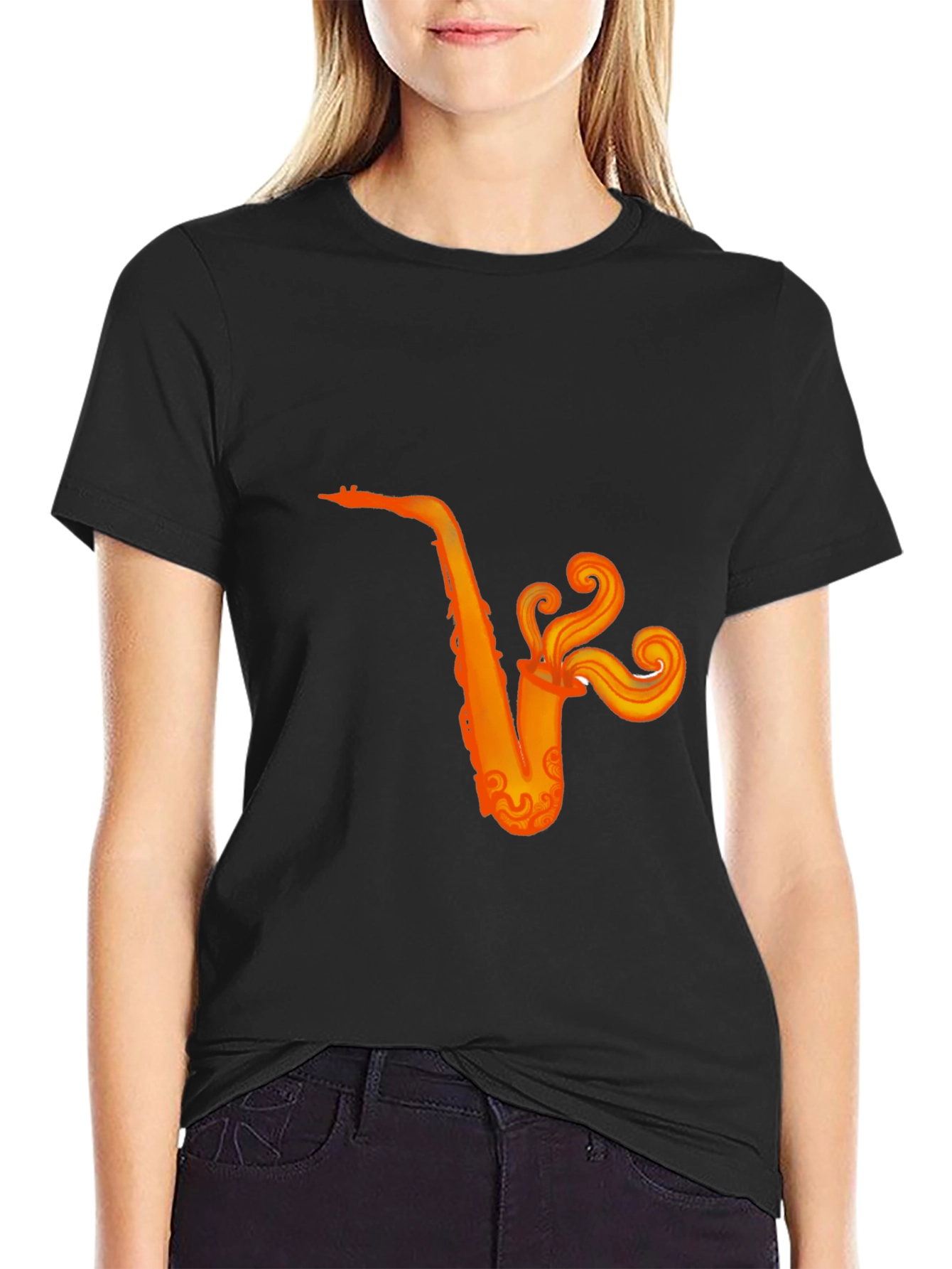 Black T-Shirt with Orange Saxophone Graphic