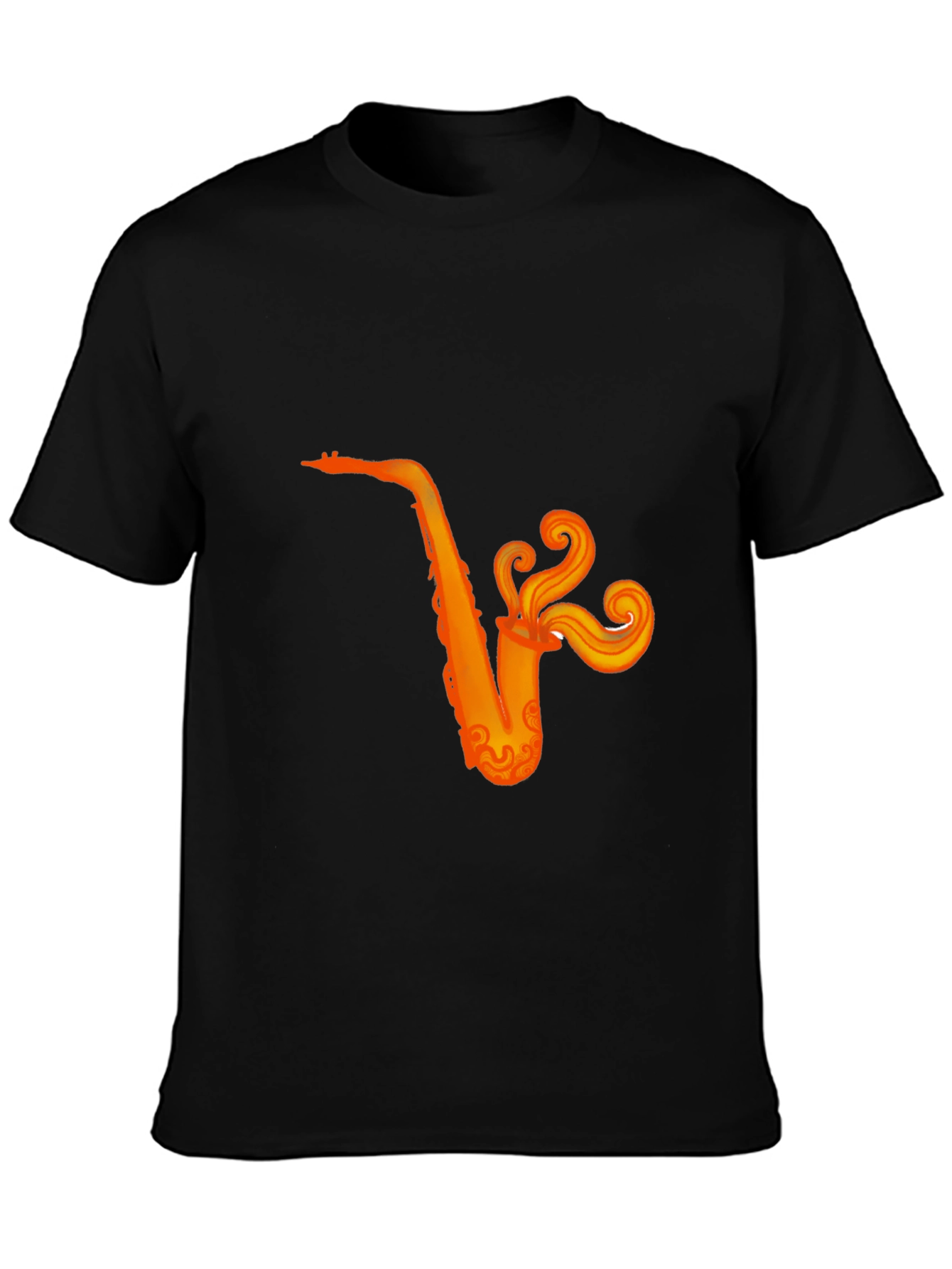 Black T-Shirt with Orange Saxophone Graphic