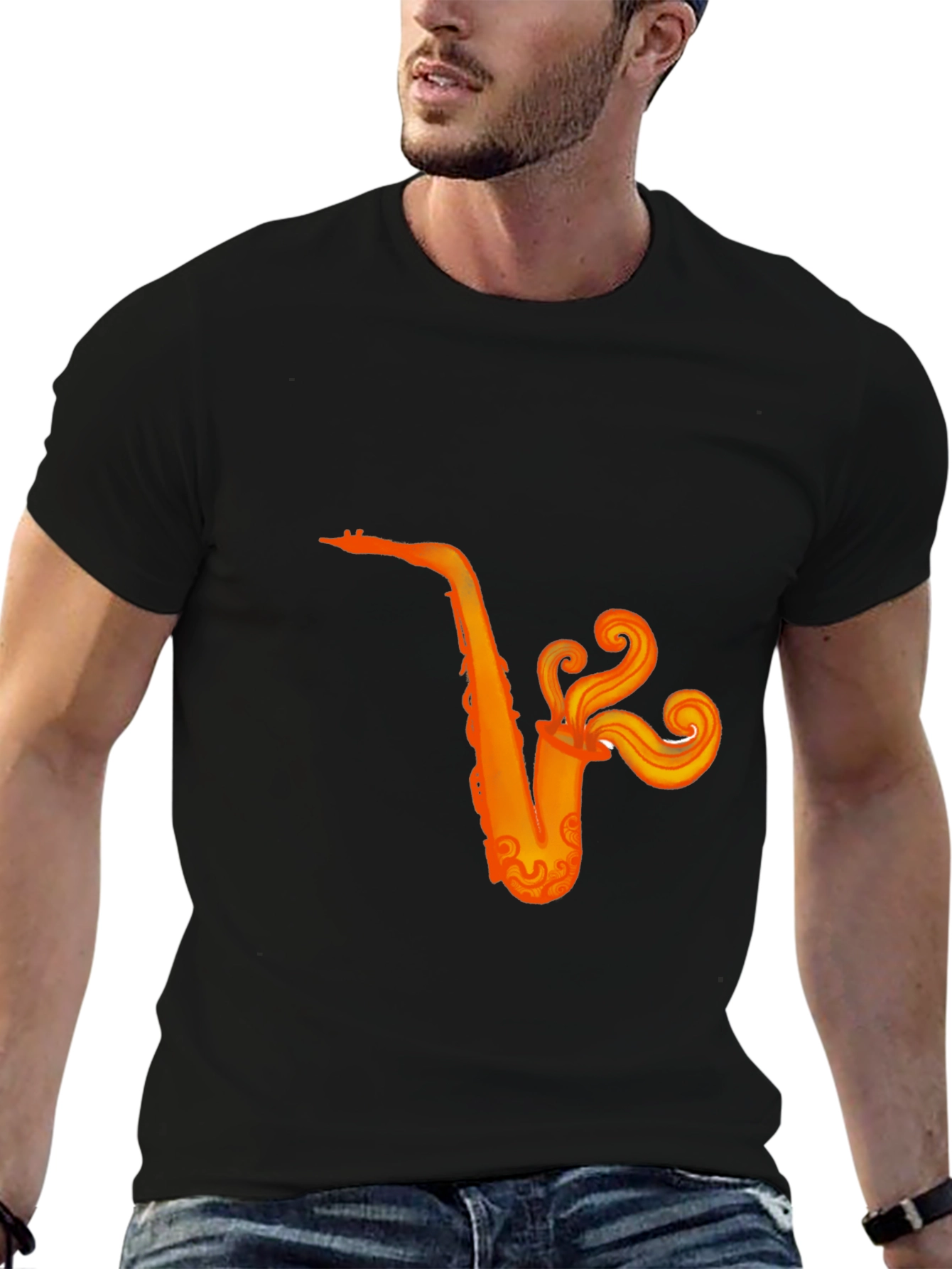 Black T-Shirt with Orange Saxophone Graphic