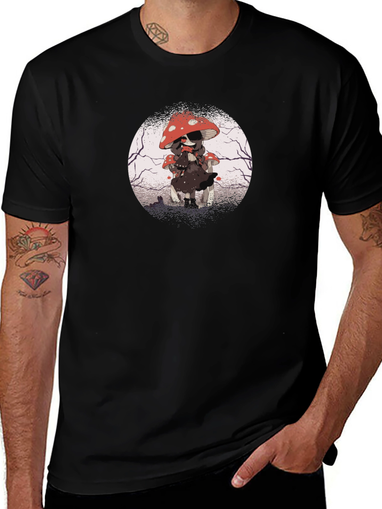 Mushroom Girl Graphic Tee - Dark Anime Style