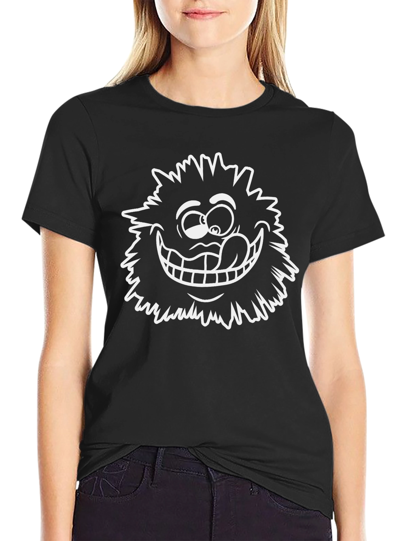 Funny Cartoon Face Graphic Tee - Black