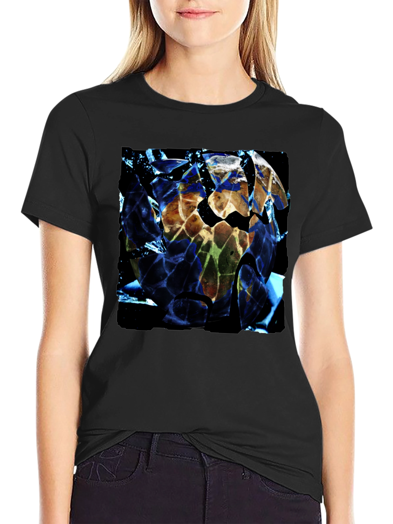 Shattered Earth Graphic Tee - Black Crew Neck T-Shirt