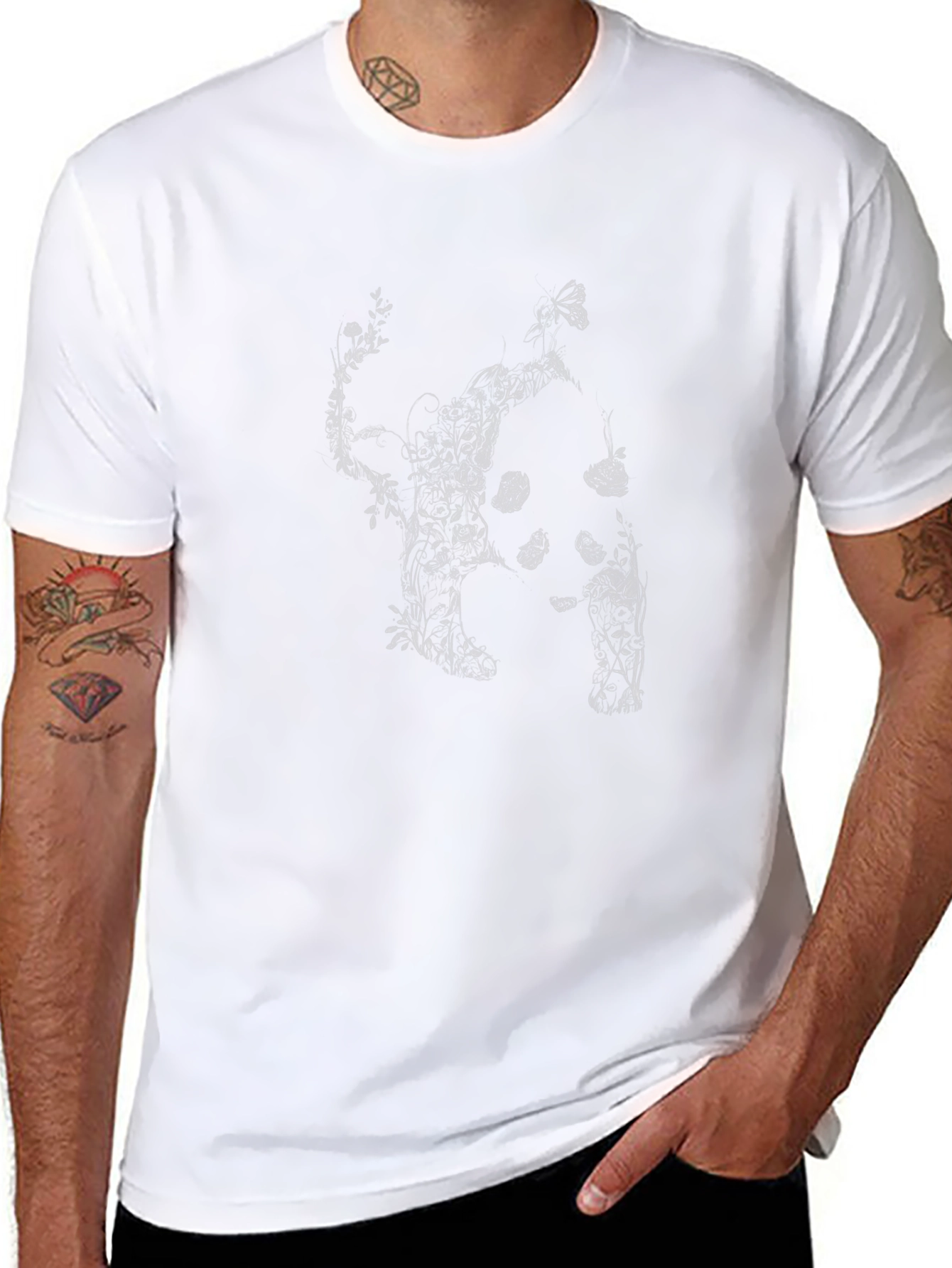 Botanical Cat Print Black T-Shirt