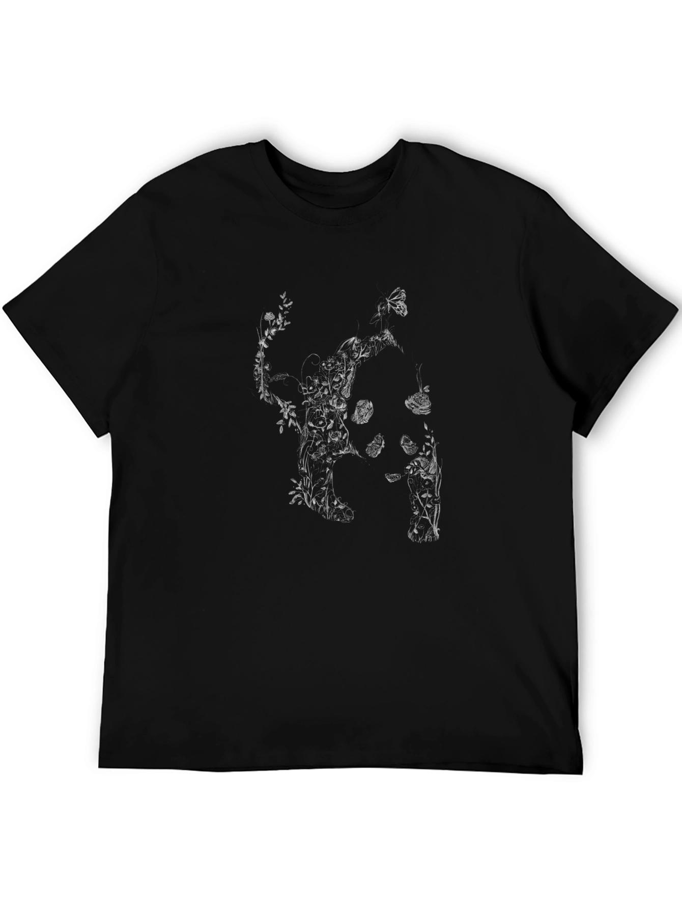 Botanical Cat Print Black T-Shirt