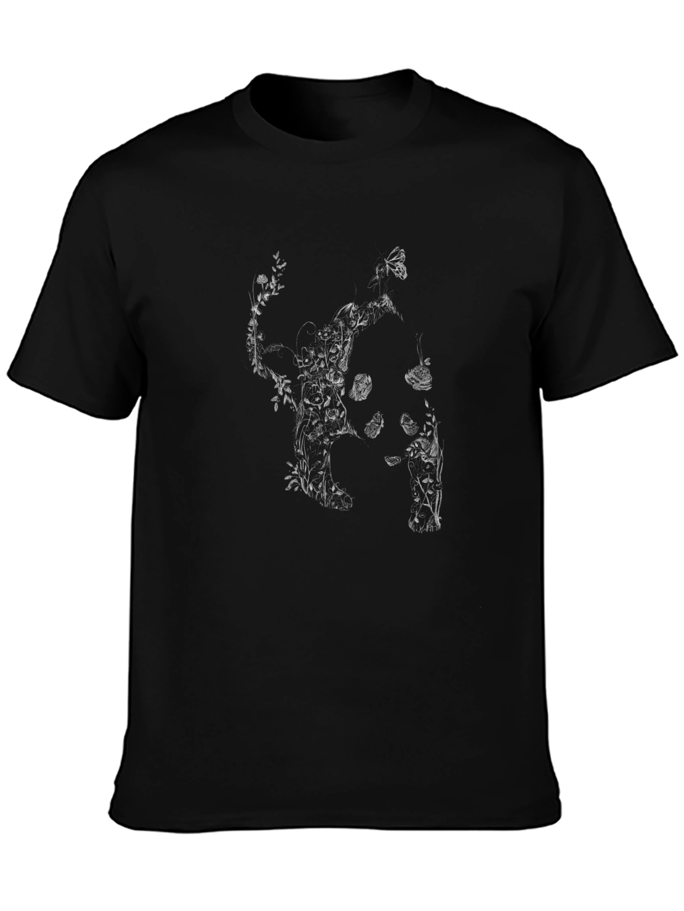 Botanical Cat Print Black T-Shirt