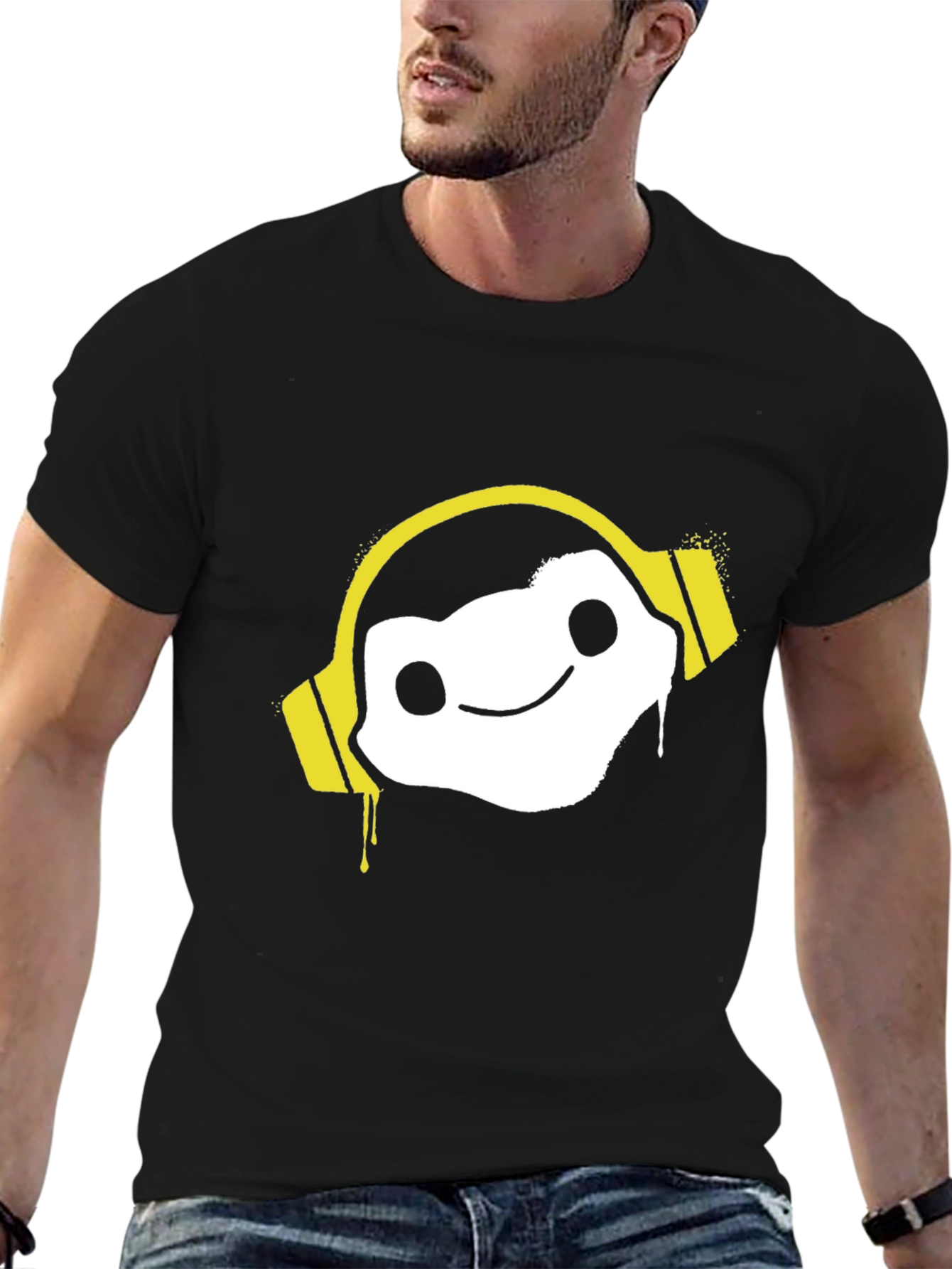 Cool Graphic Tee: DJ White Character w/ Yellow Headphones