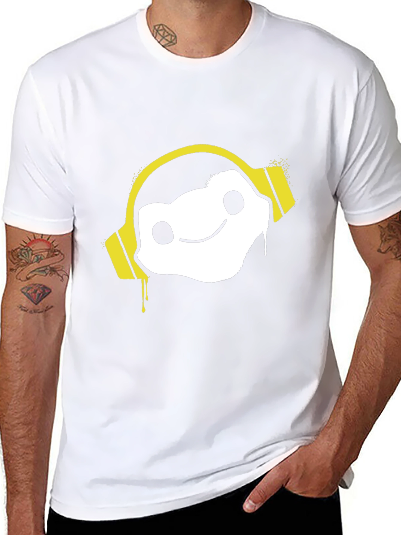 Cool Graphic Tee: DJ White Character w/ Yellow Headphones