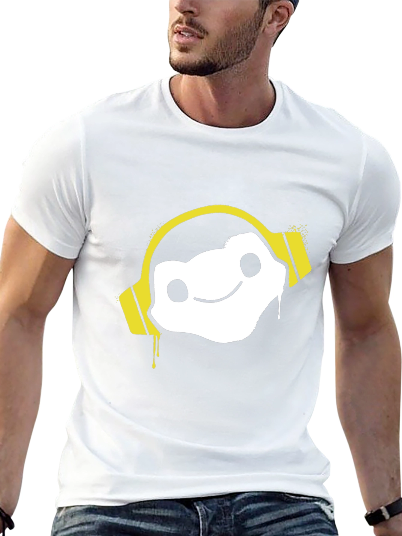 Cool Graphic Tee: DJ White Character w/ Yellow Headphones