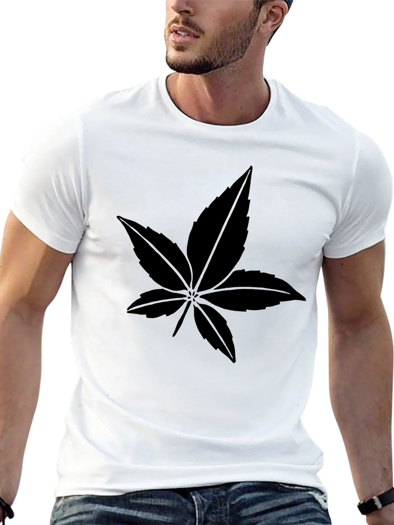 Black Leaf Print Crew Neck T-Shirt