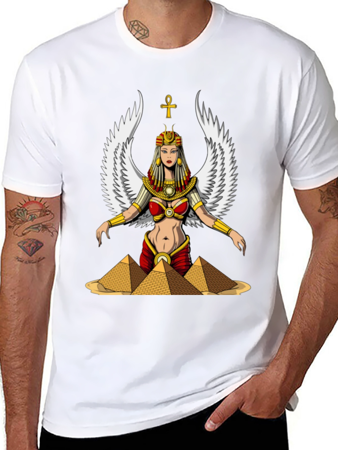 Egyptian Goddess T-Shirt Wings and Pyramids Black Tee