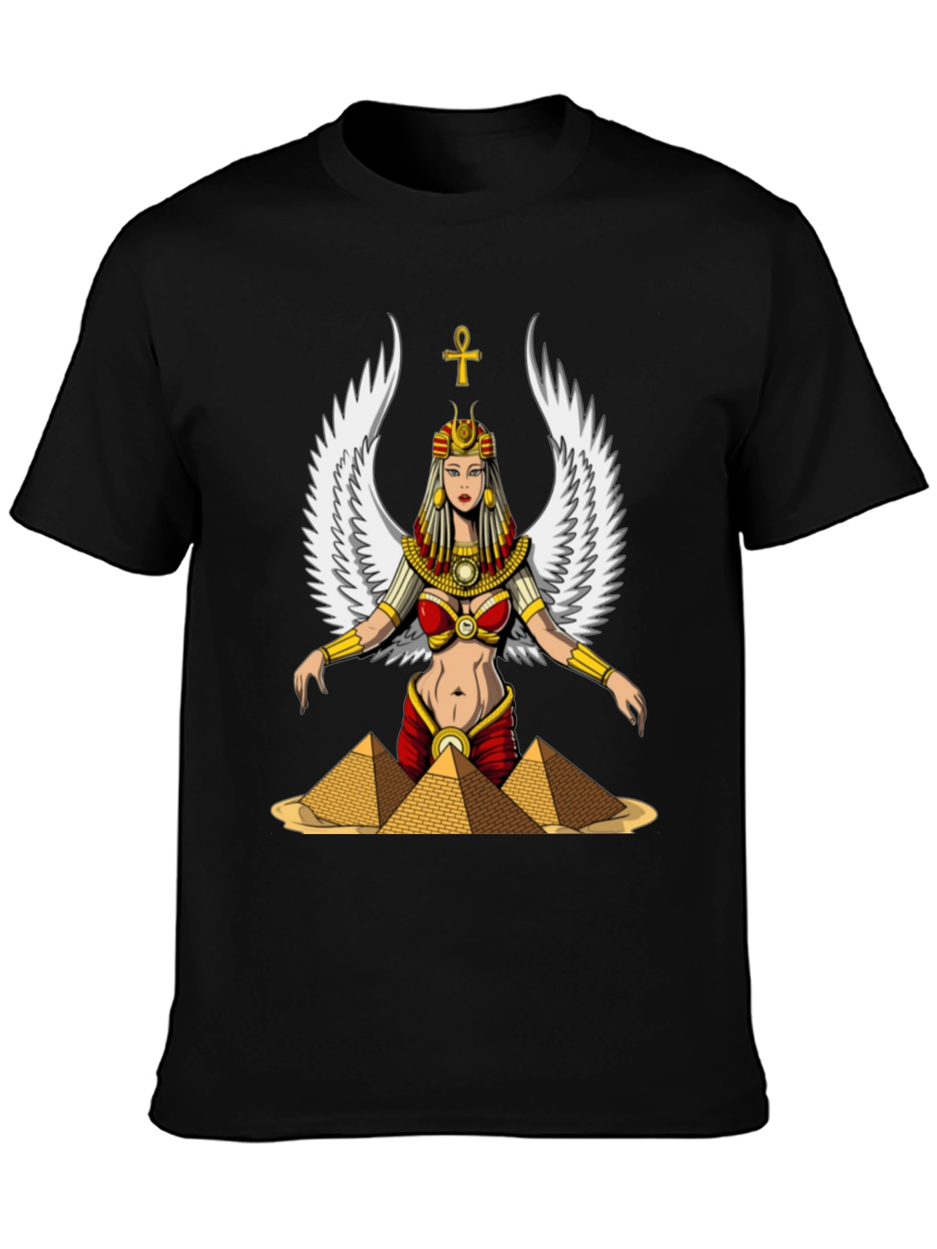 Egyptian Goddess T-Shirt Wings and Pyramids Black Tee