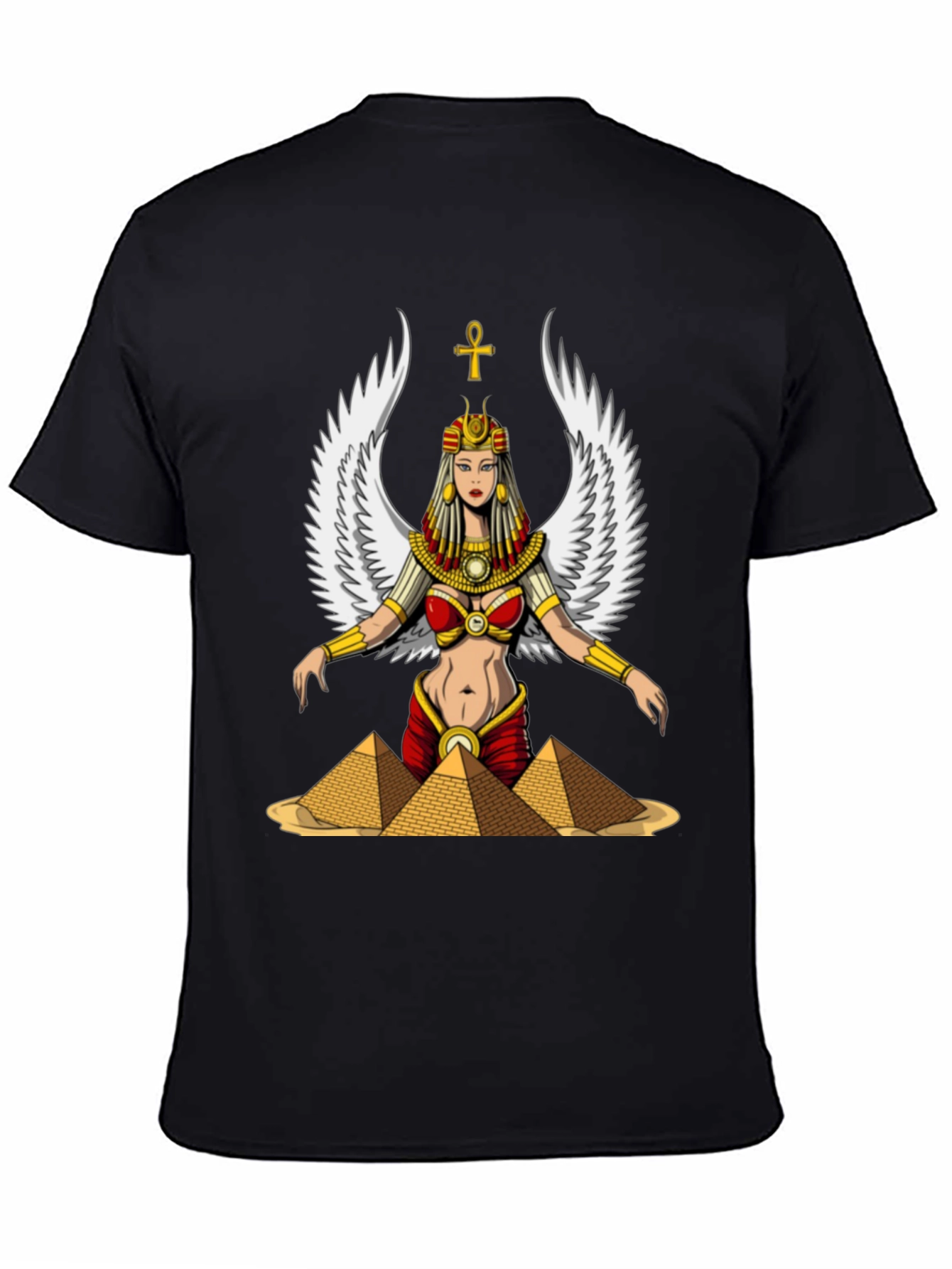 Egyptian Goddess T-Shirt Wings and Pyramids Black Tee