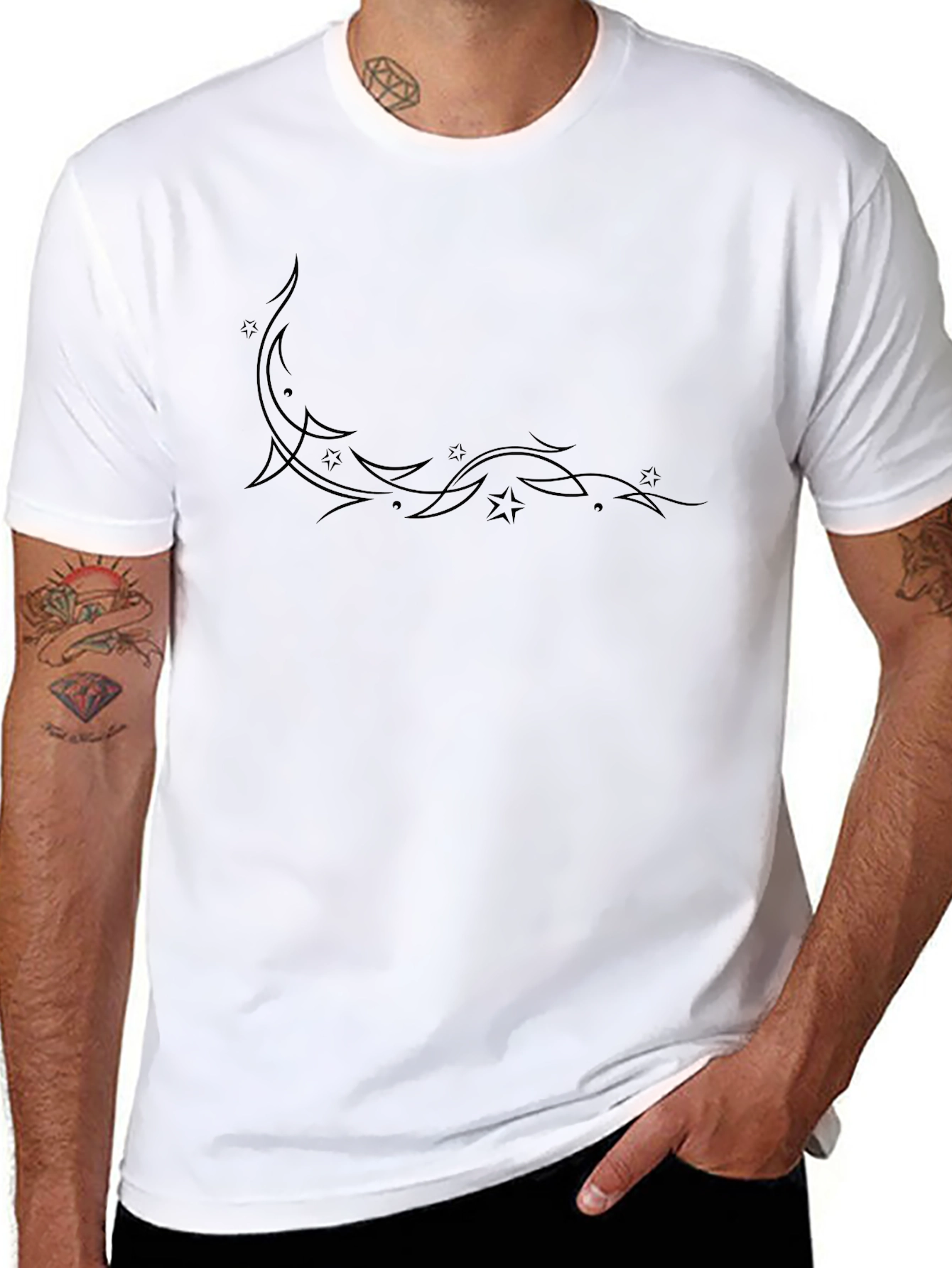 Mens Black T-Shirt with Starry Crescent Design