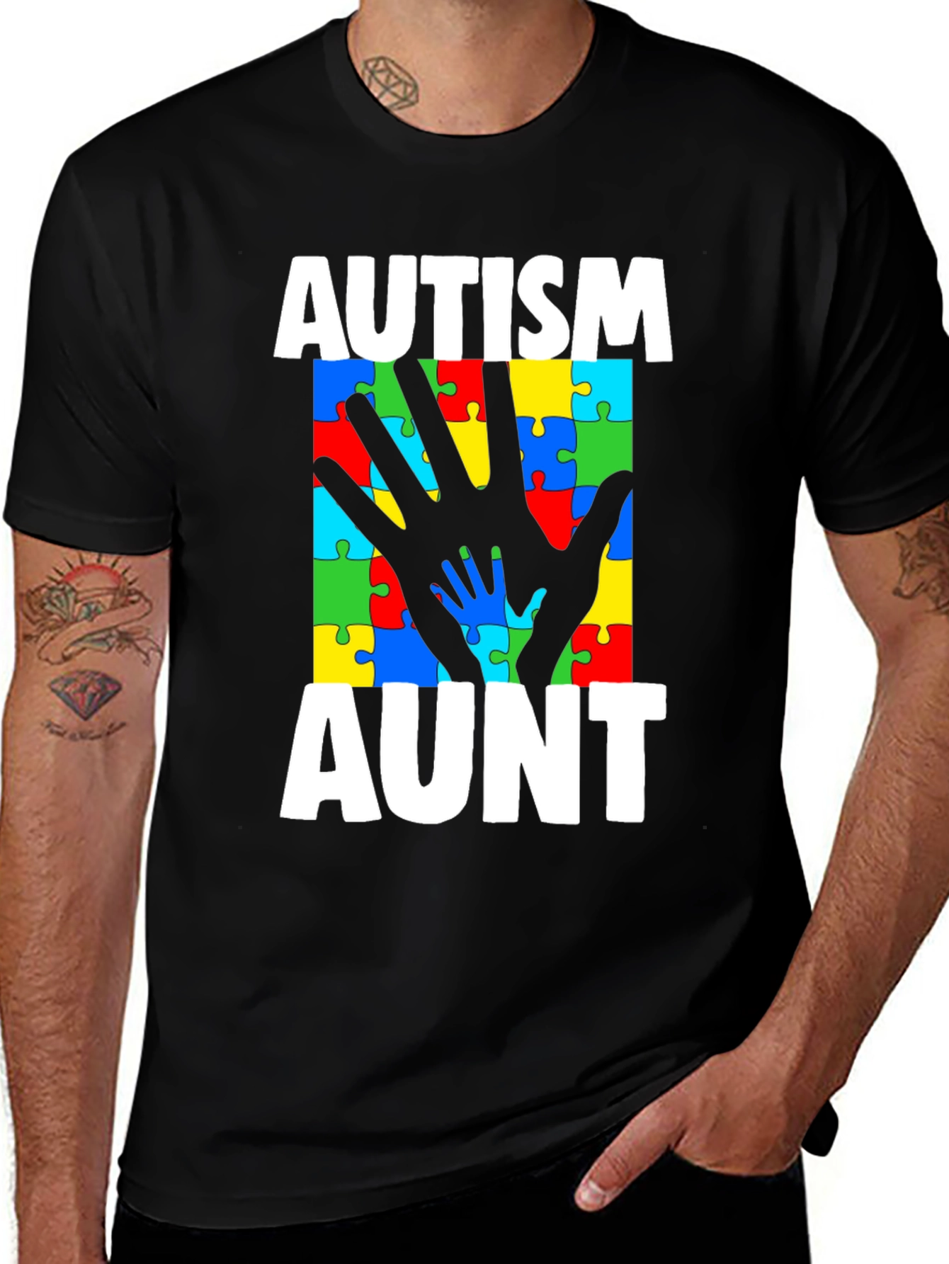 Autism Aunt T-Shirt - Puzzle Piece Hands Design