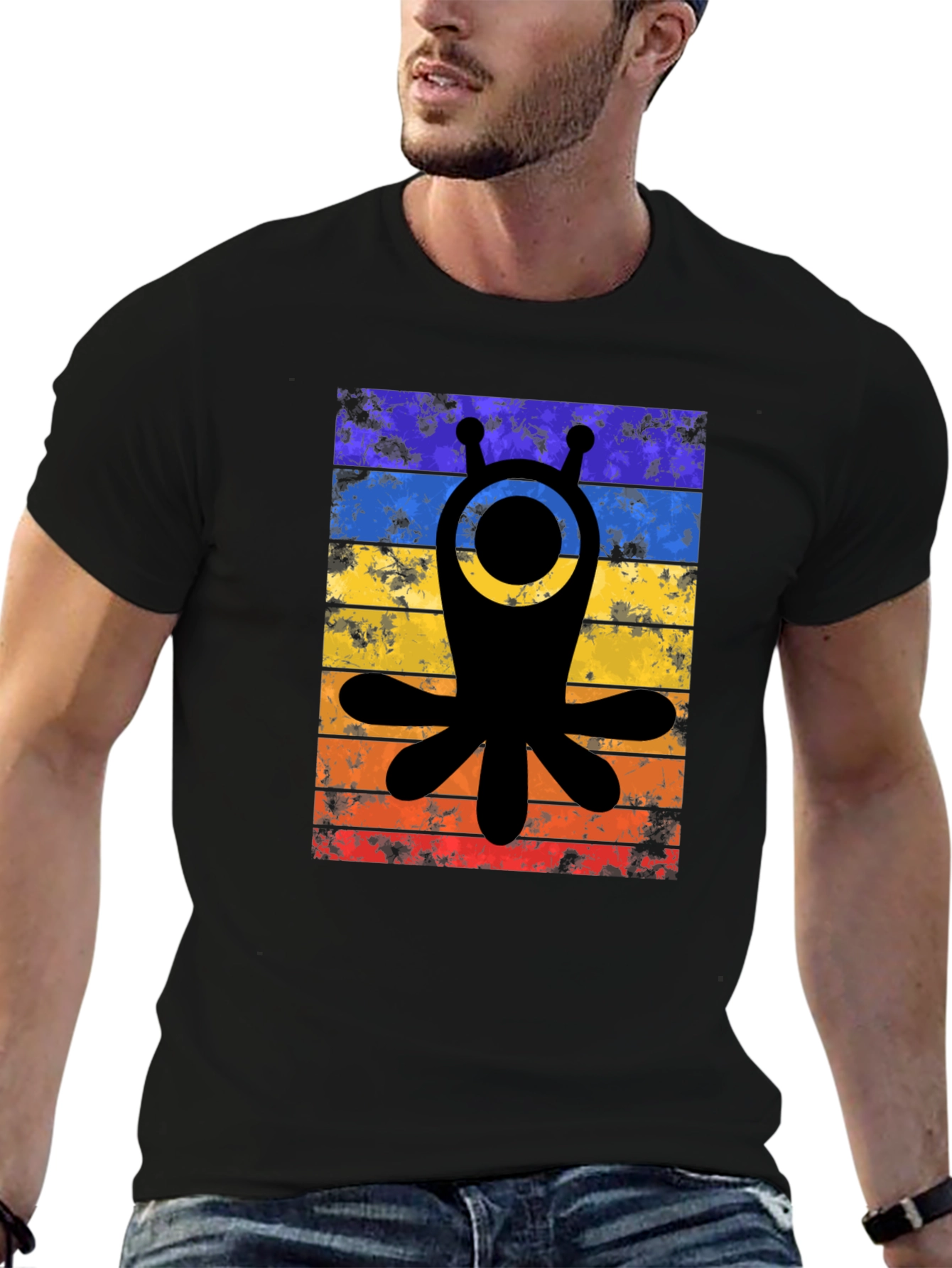 Retro Alien Tee - Distressed Stripes Graphic T-Shirt