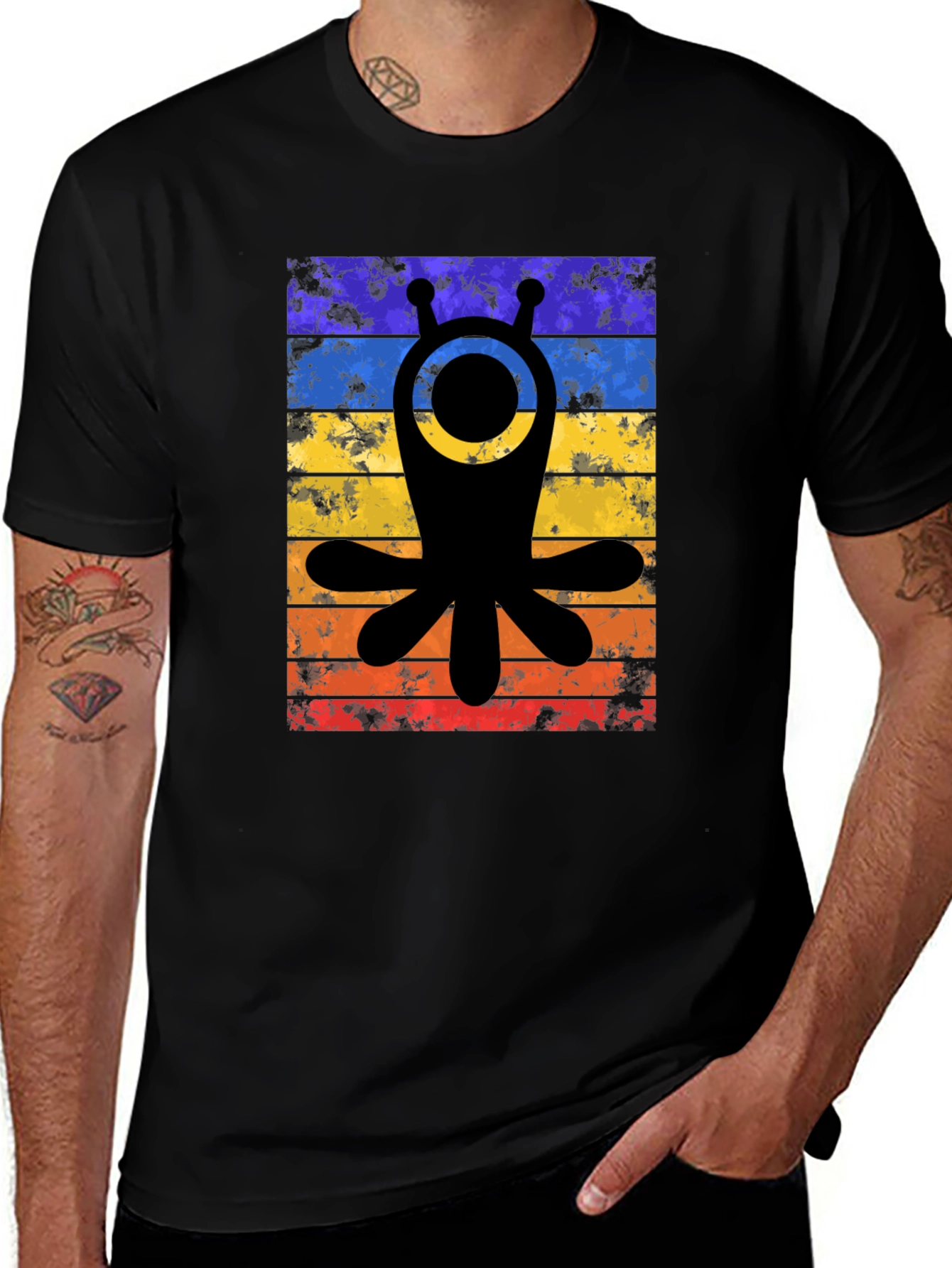 Retro Alien Tee - Distressed Stripes Graphic T-Shirt