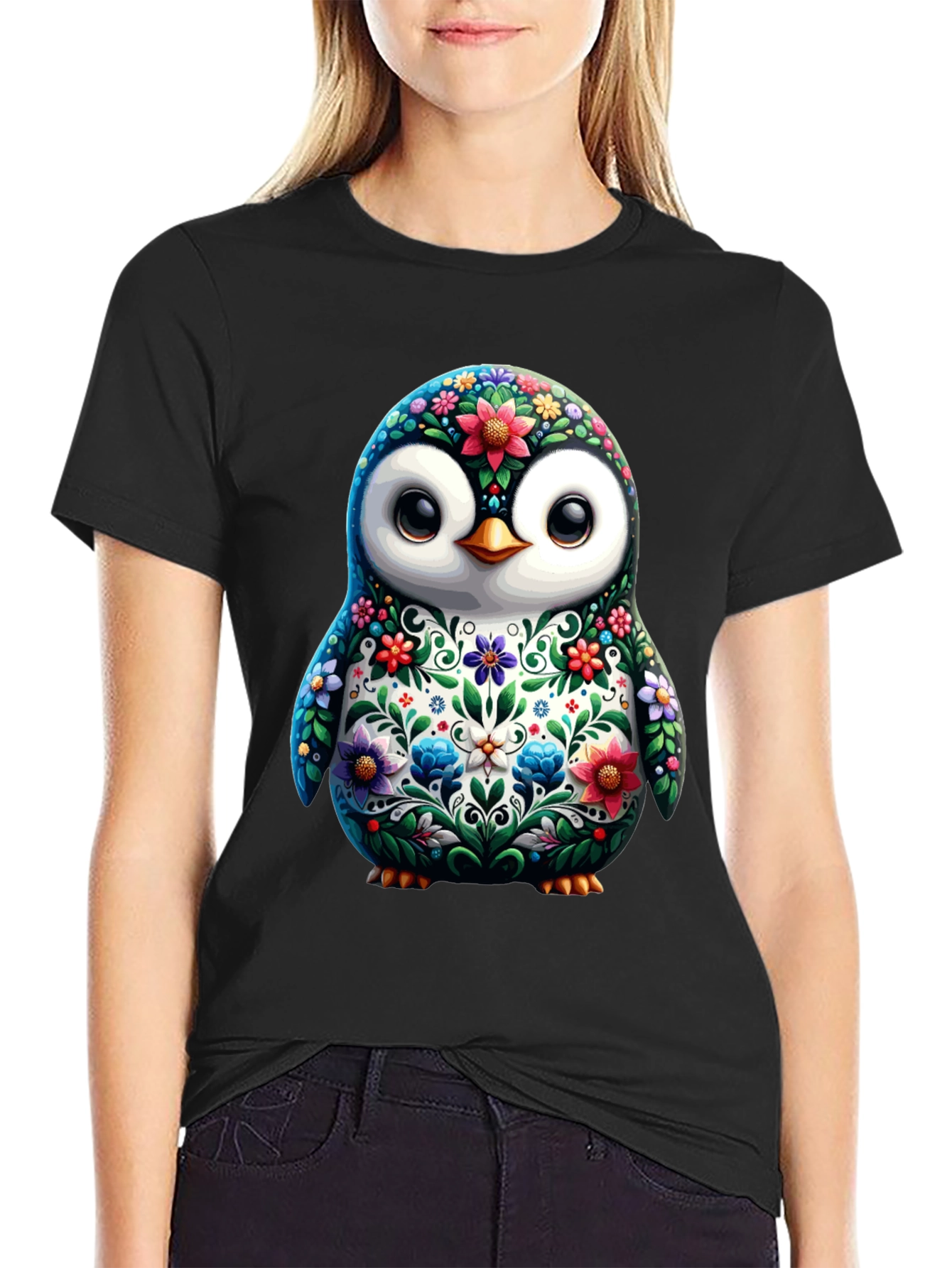 Floral Penguin Graphic Tee - Black Cotton T-Shirt