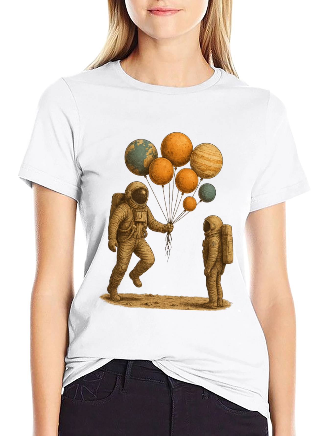 Astronauts and Planet Balloons Graphic Tee