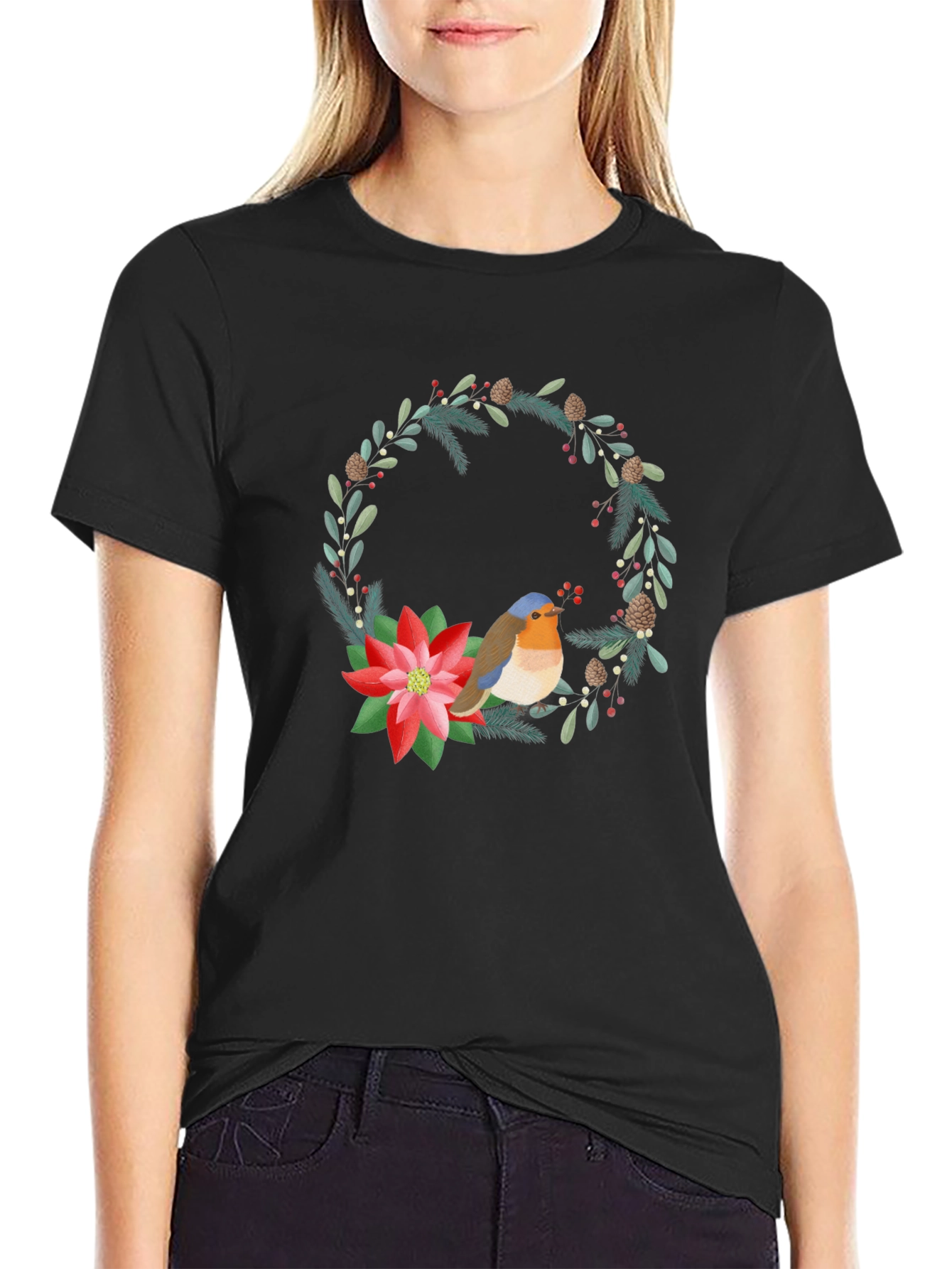Festive Robin Wreath Graphic Tee