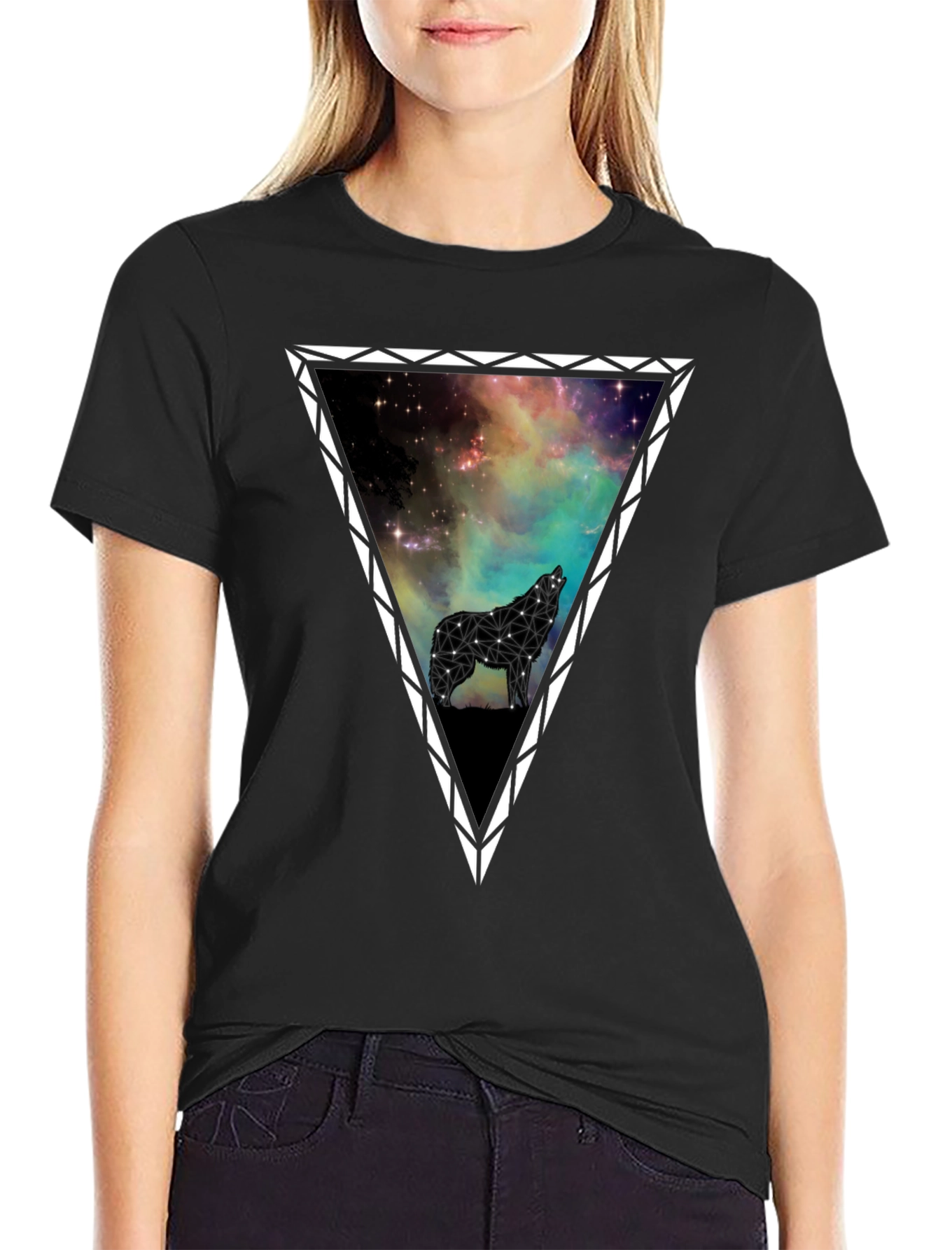 Galaxy Wolf Triangle Graphic T-Shirt