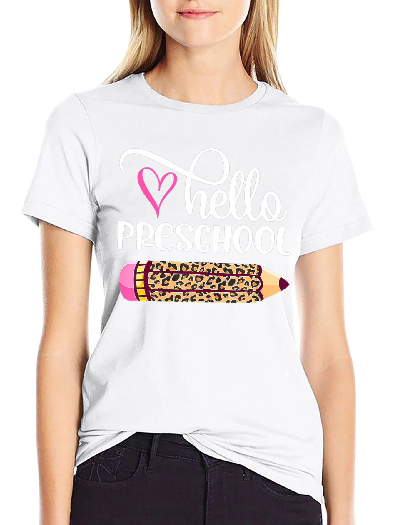 Hello Preschool Leopard Pencil Teacher T-Shirt