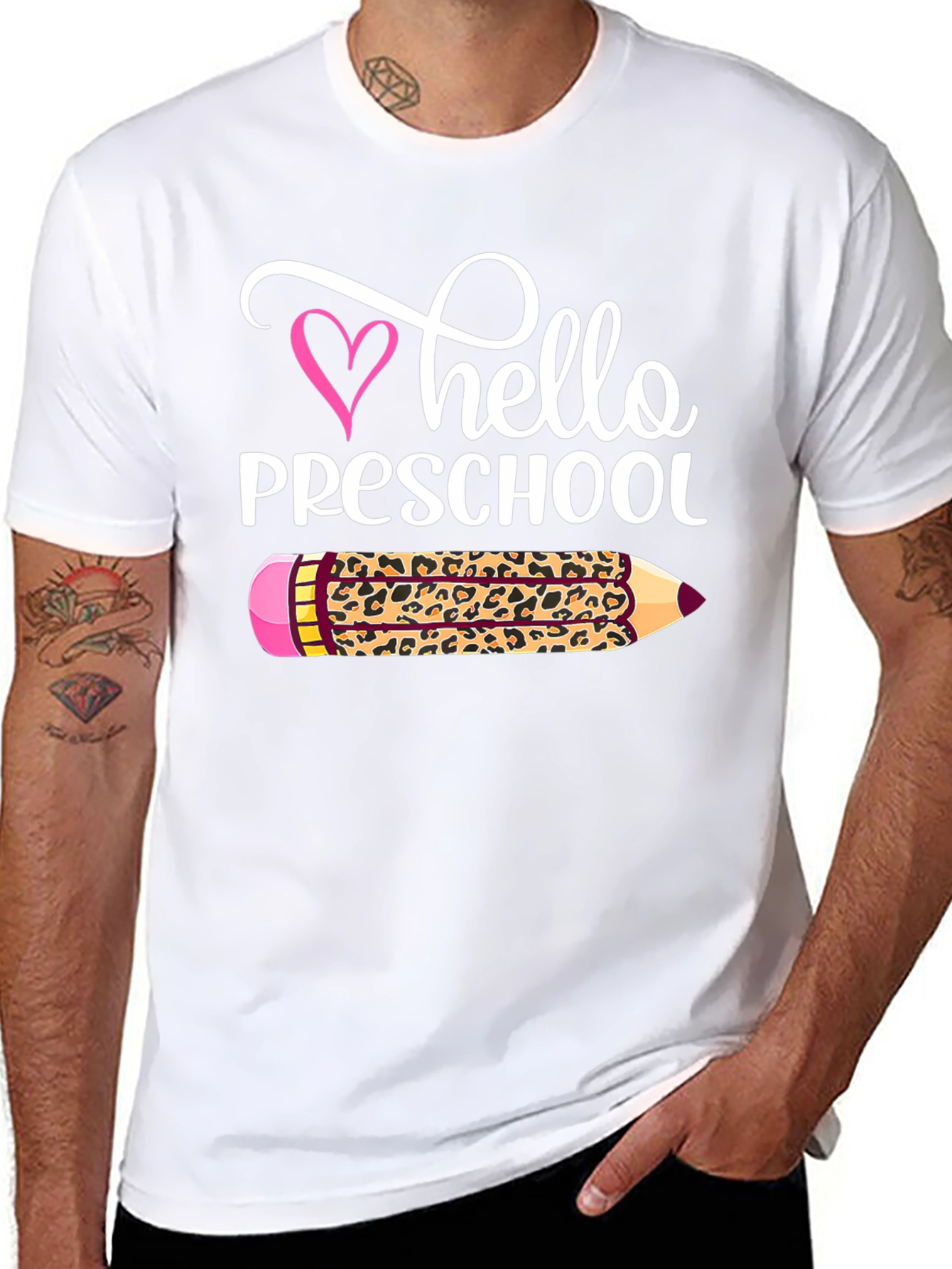 Hello Preschool Leopard Pencil Teacher T-Shirt