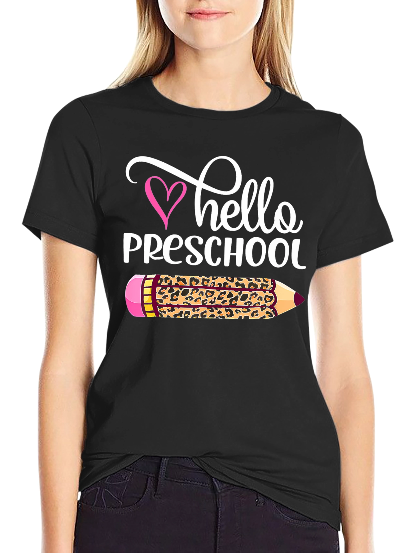 Hello Preschool Leopard Pencil Teacher T-Shirt