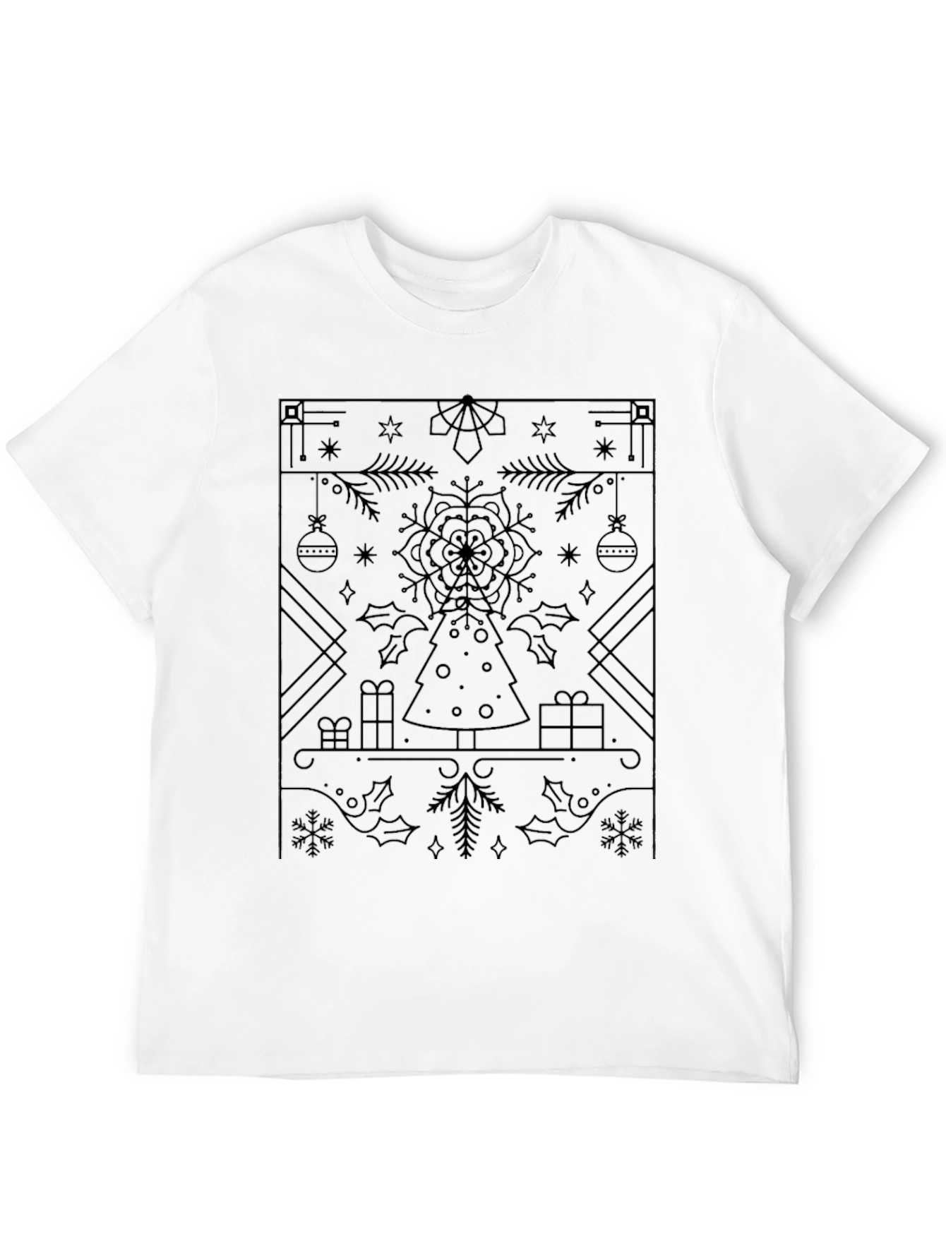 Festive Christmas Tree Pattern Black T-Shirt