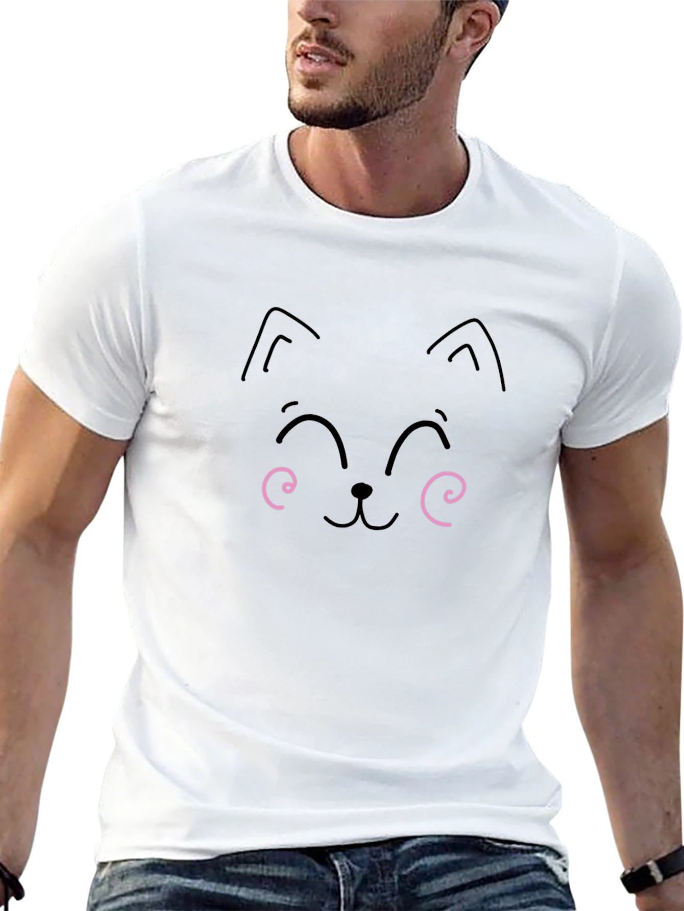 Cute Cat Face Graphic Tee - Black