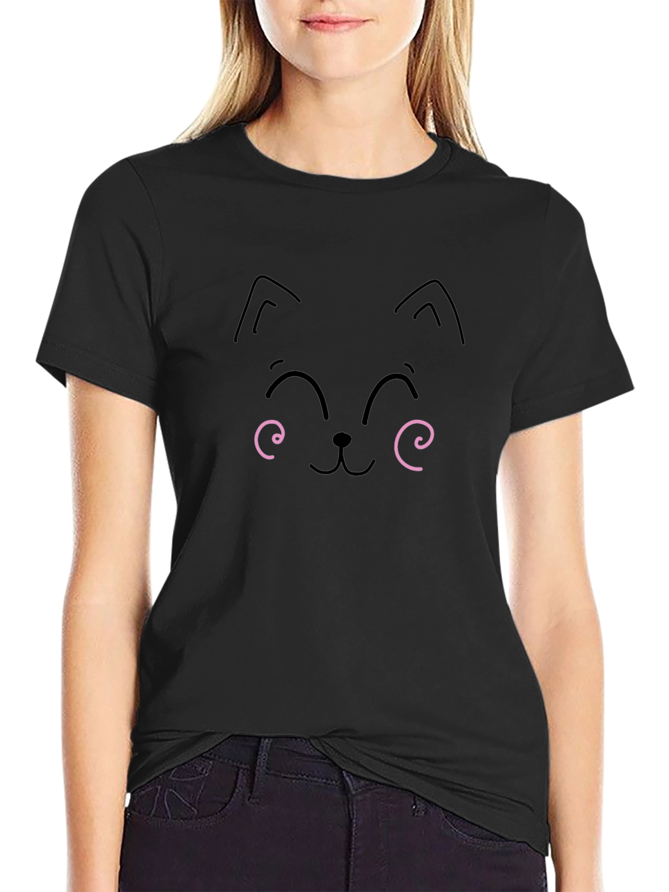Cute Cat Face Graphic Tee - Black