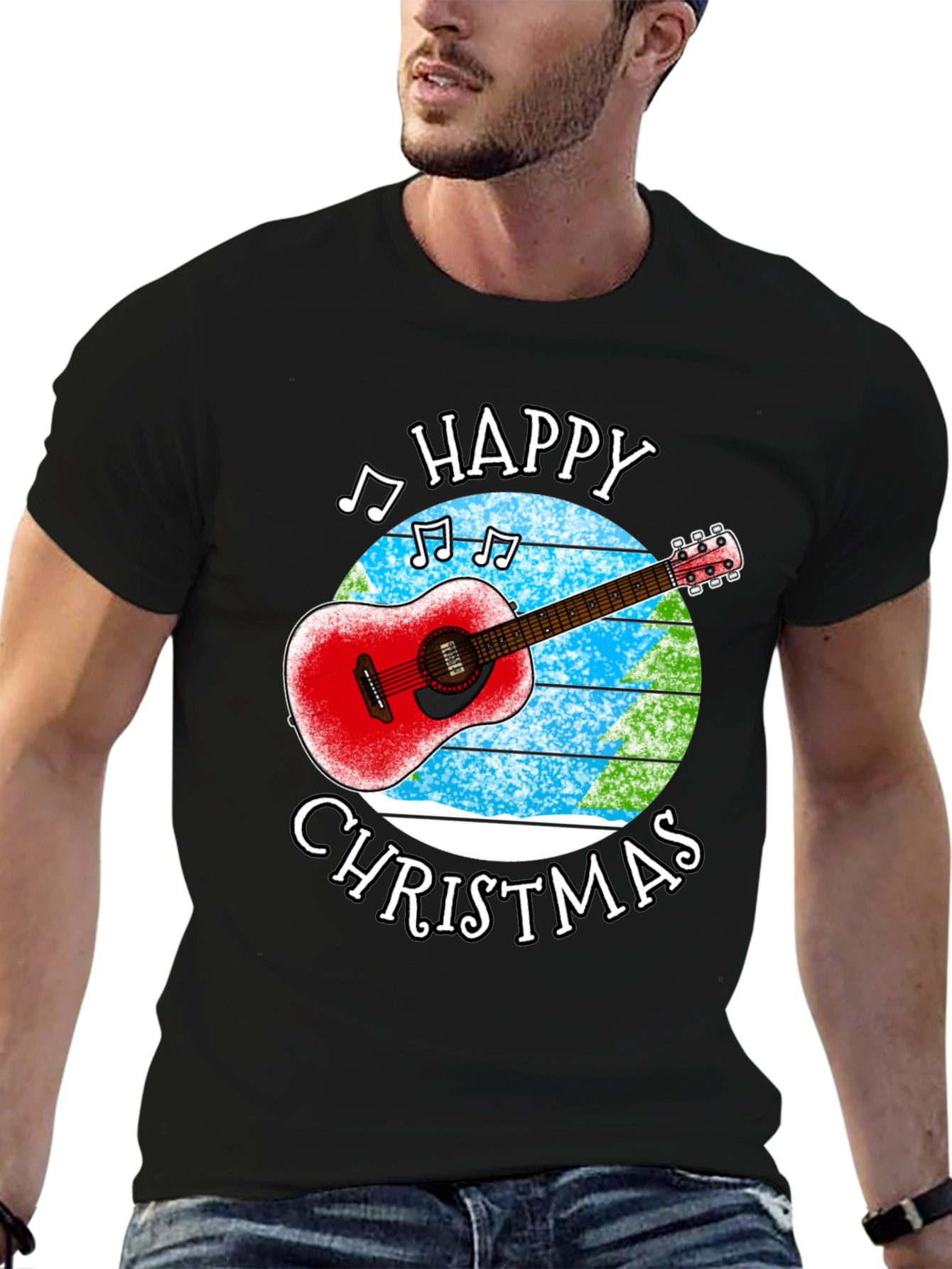 Happy Christmas Guitar Graphic T-Shirt