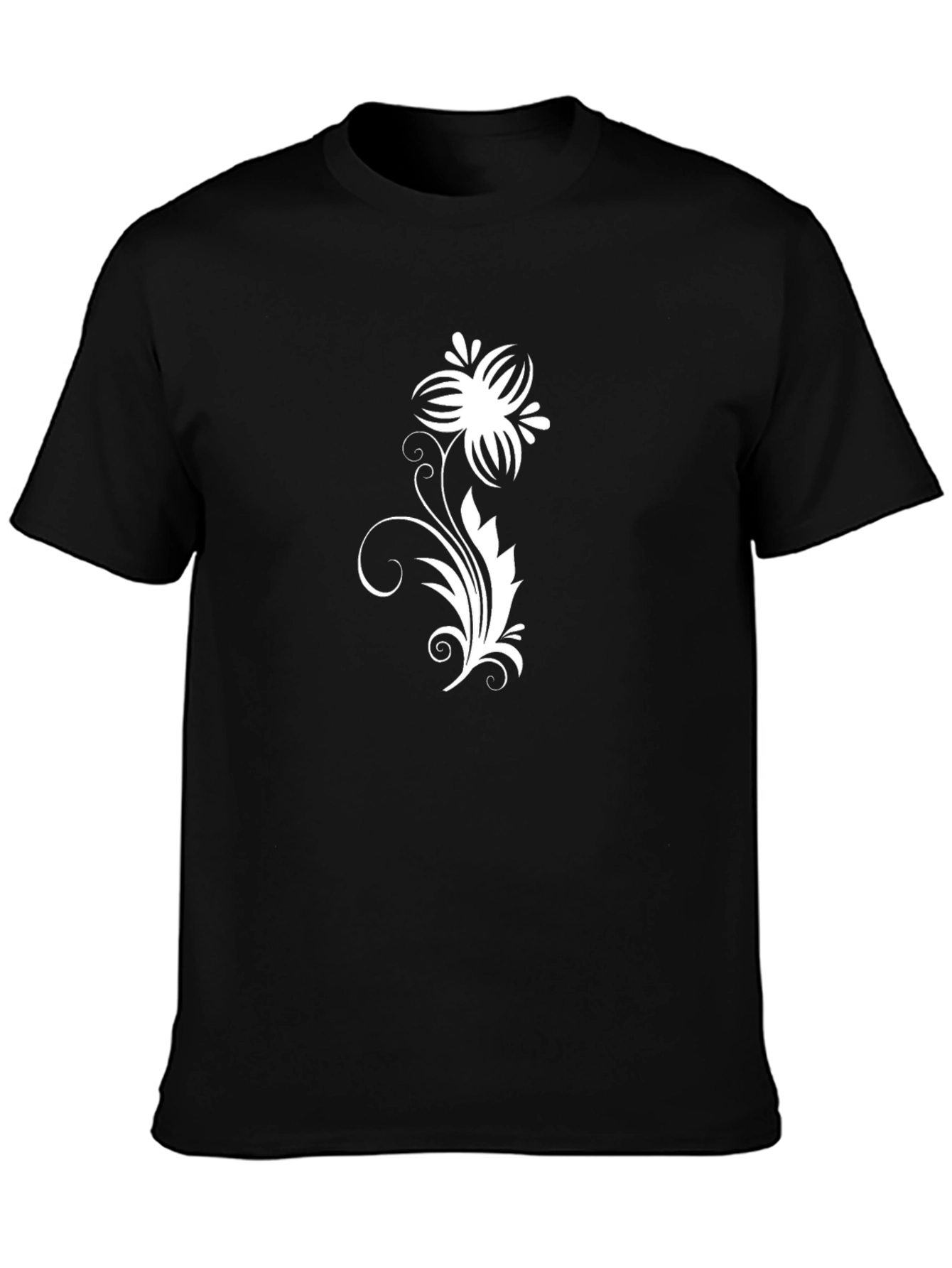 Black Tee with White Floral Vine Design