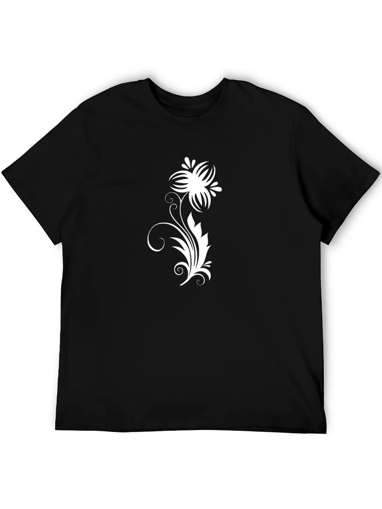 Black Tee with White Floral Vine Design