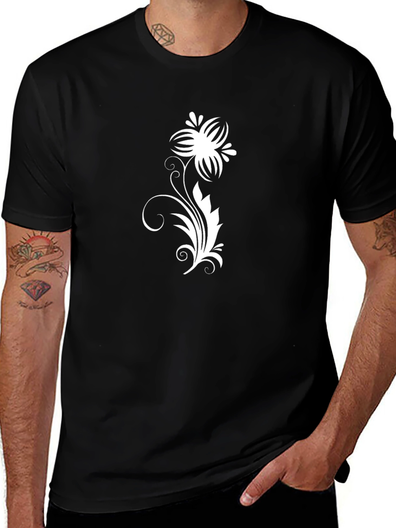 Black Tee with White Floral Vine Design