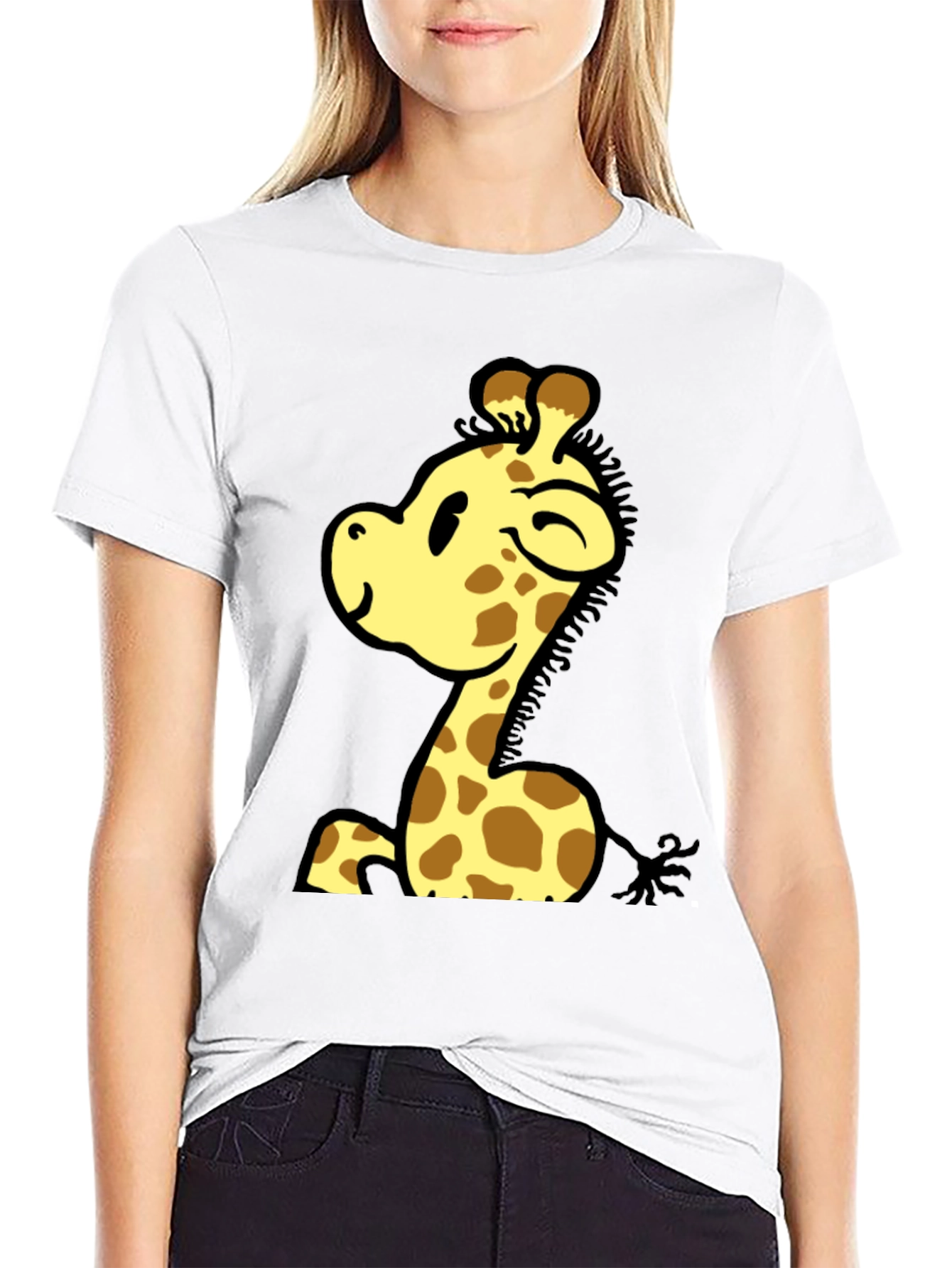 Cute Giraffe Cartoon Graphic Black T-Shirt
