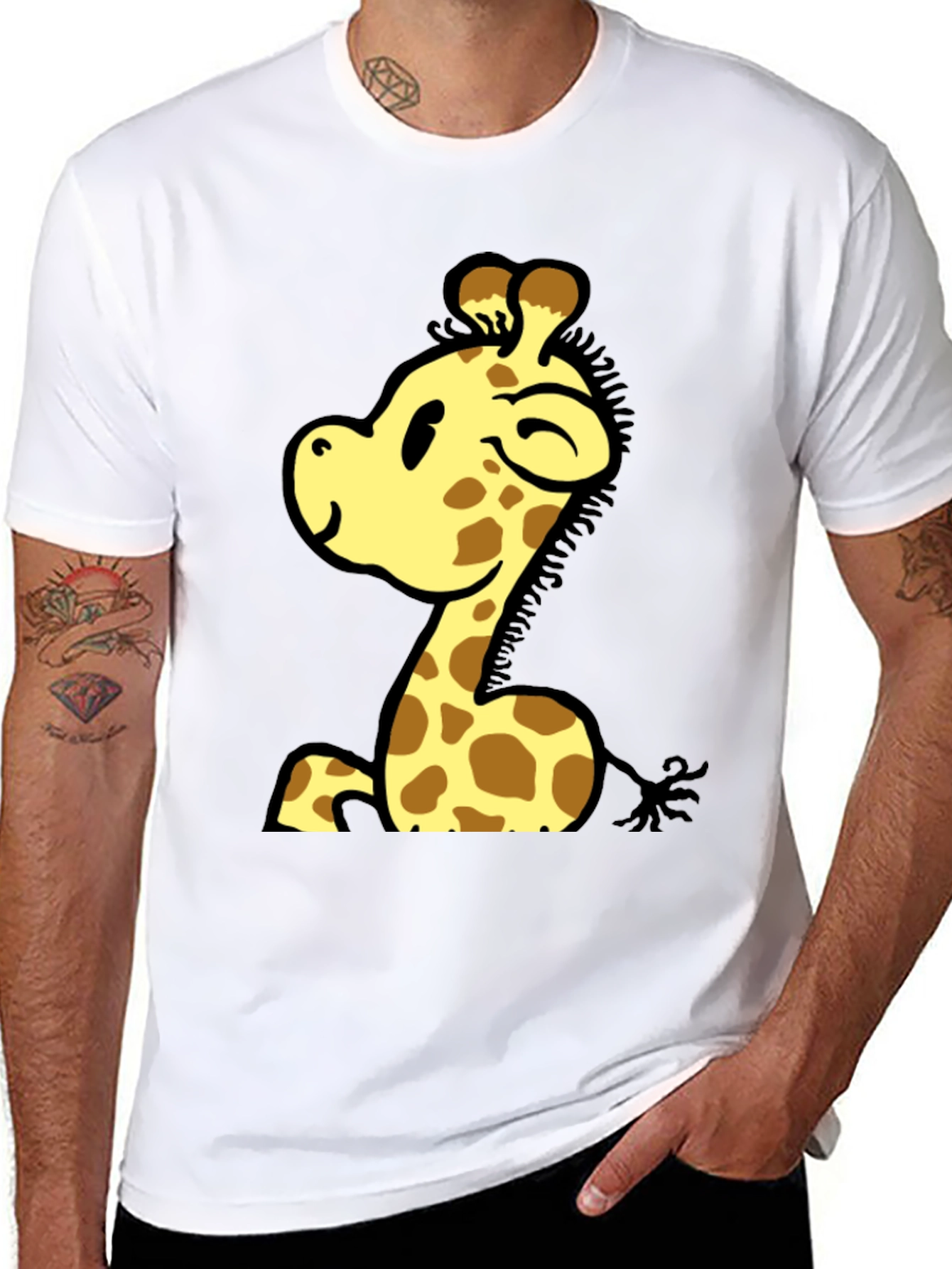 Cute Giraffe Cartoon Graphic Black T-Shirt