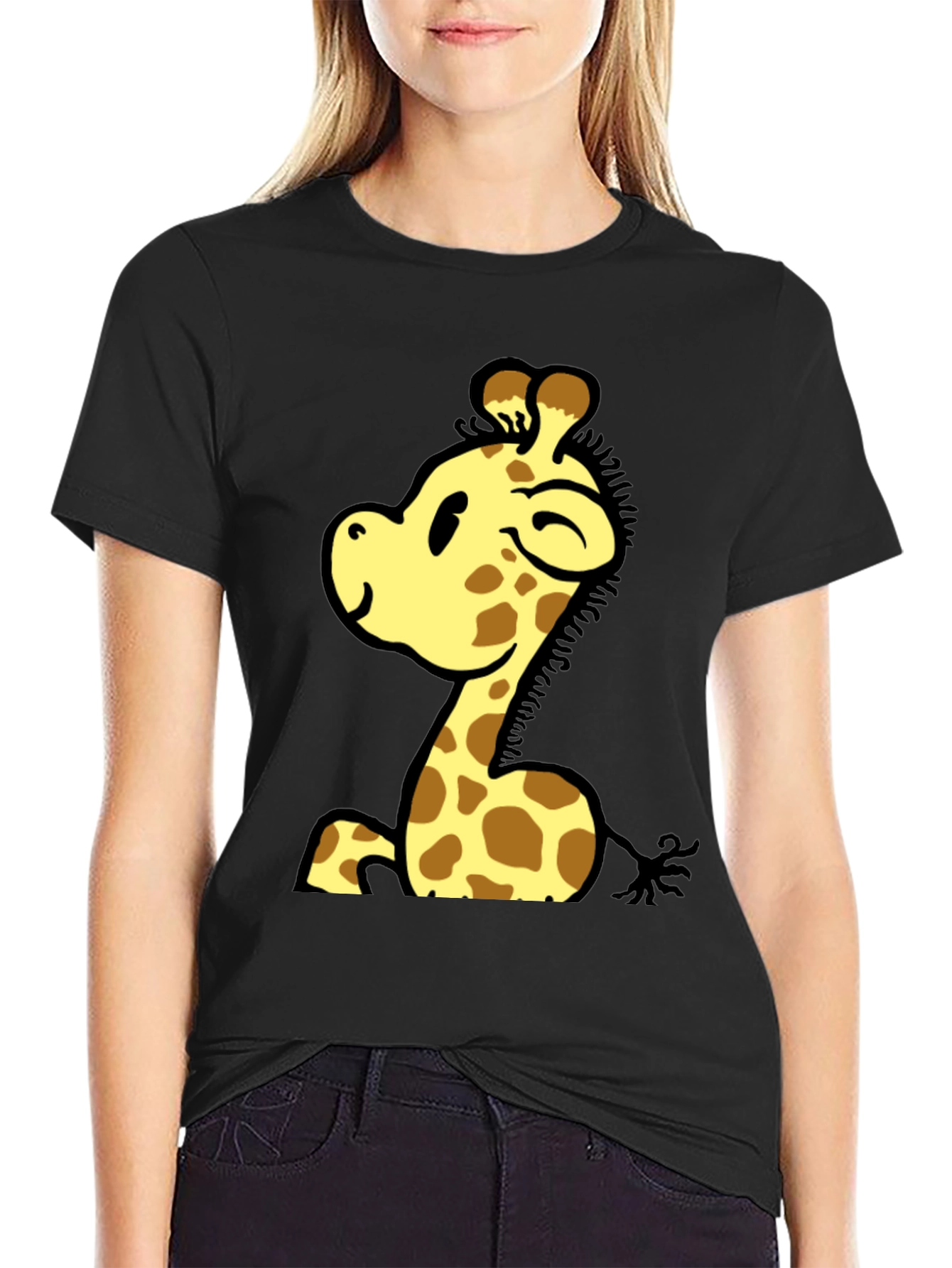 Cute Giraffe Cartoon Graphic Black T-Shirt