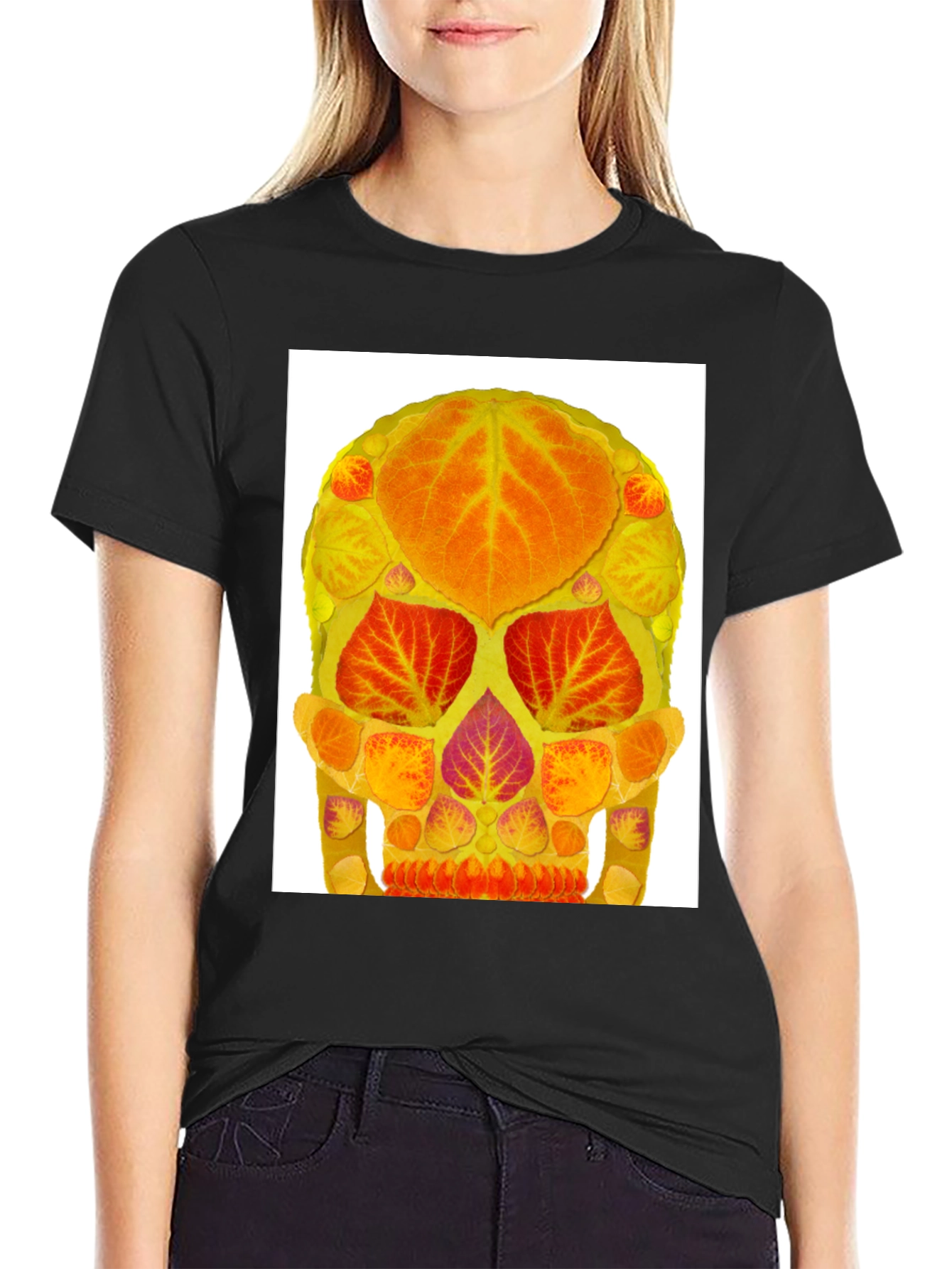 Autumn Leaf Skull Graphic Tee - Black Cotton