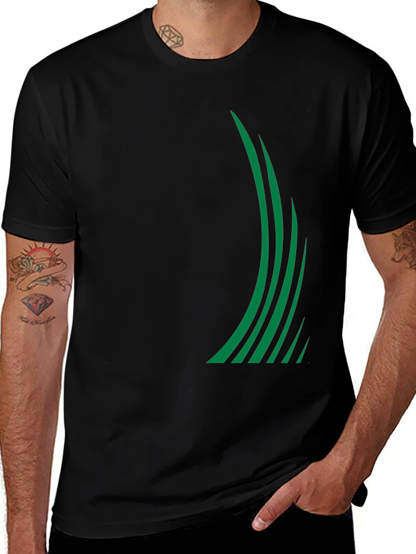 Sleek Black Tee with Green Stripe Design